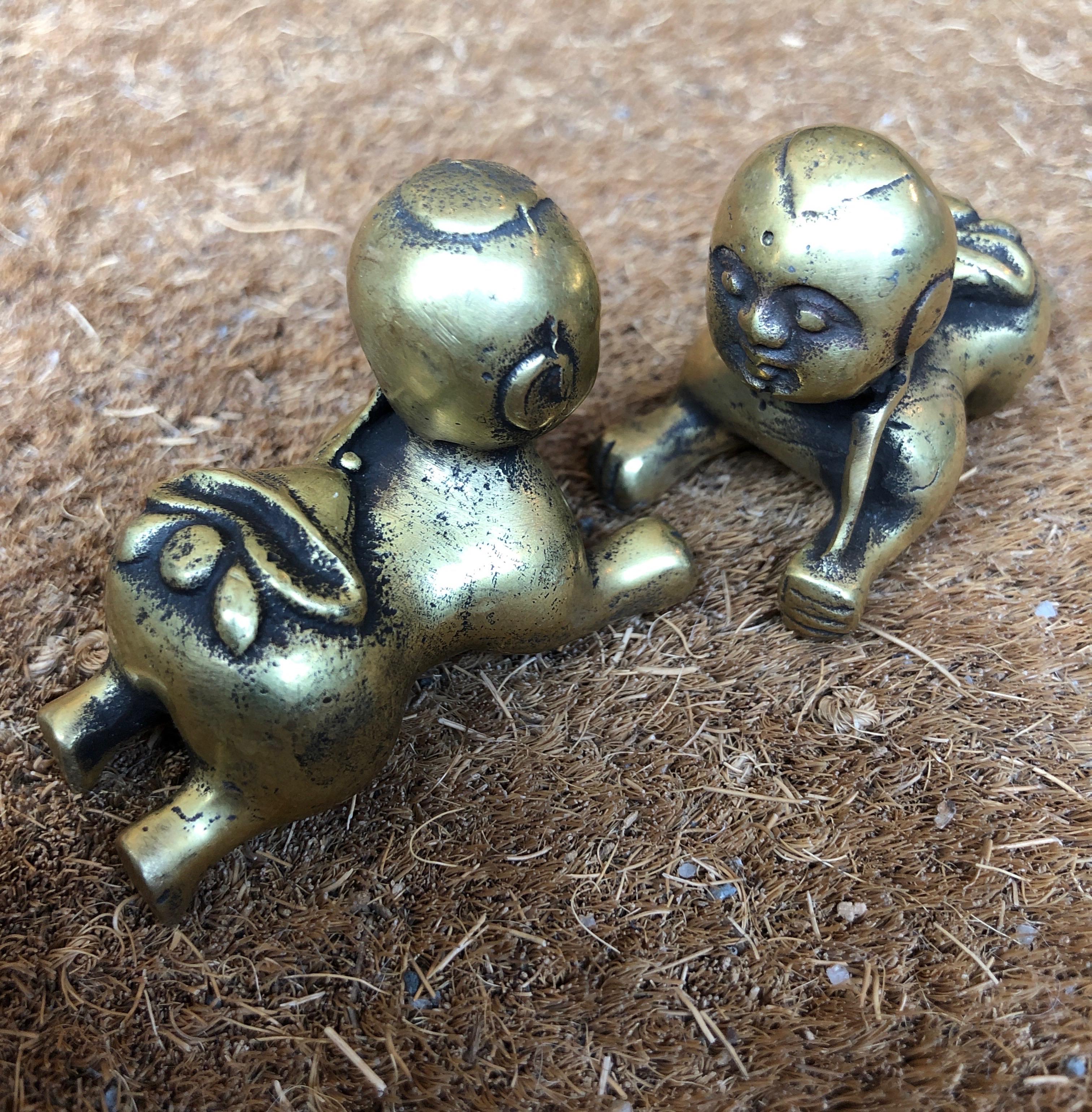 20th Century Tiny Chinese Crawling Bronze Babies