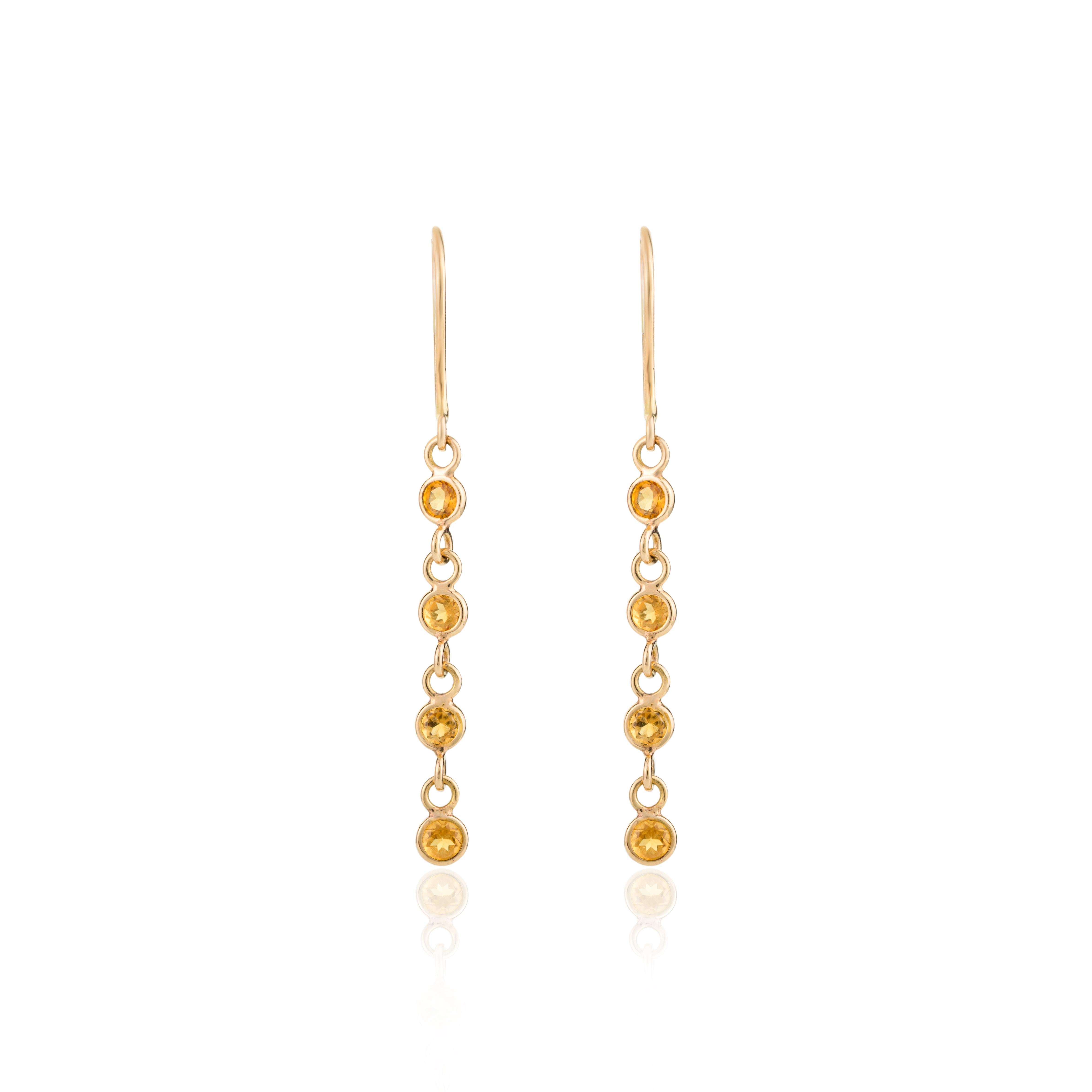 Round Cut Tiny Citrine Dangle Earrings Made in 18k Solid Yellow Gold Gift for Her For Sale
