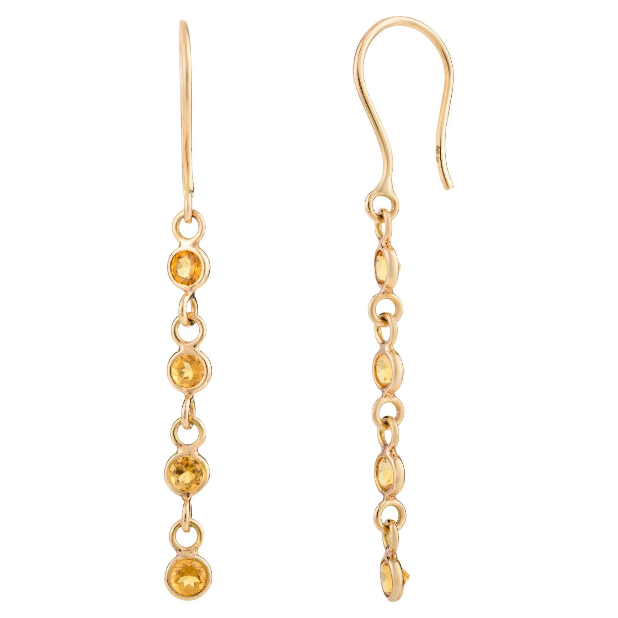 Tiny Citrine Dangle Earrings Made in 18k Solid Yellow Gold Gift for Her For Sale