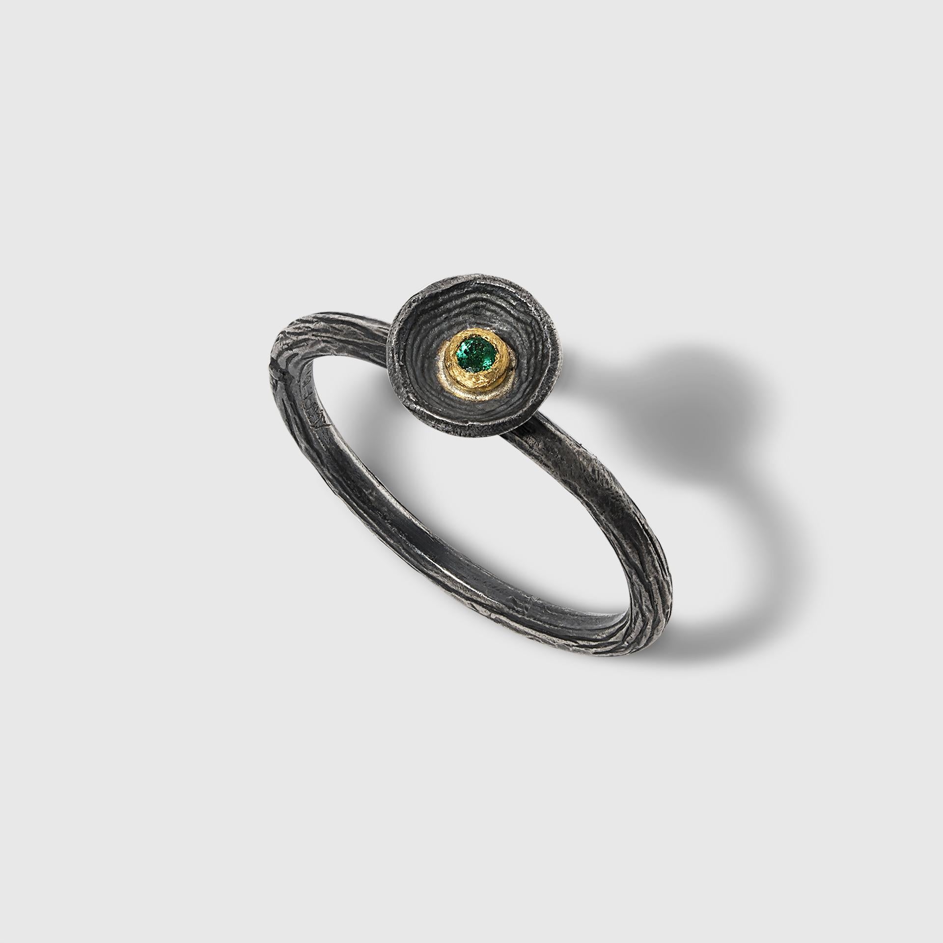 Artisan Tiny Emerald, 24K Yellow Gold and Sterling Silver Stacker Ring