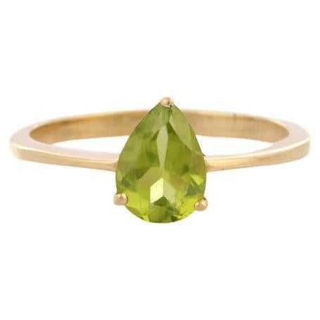 Tiny Everyday Pear Peridot Solitaire Ring in 14k Solid Yellow Gold