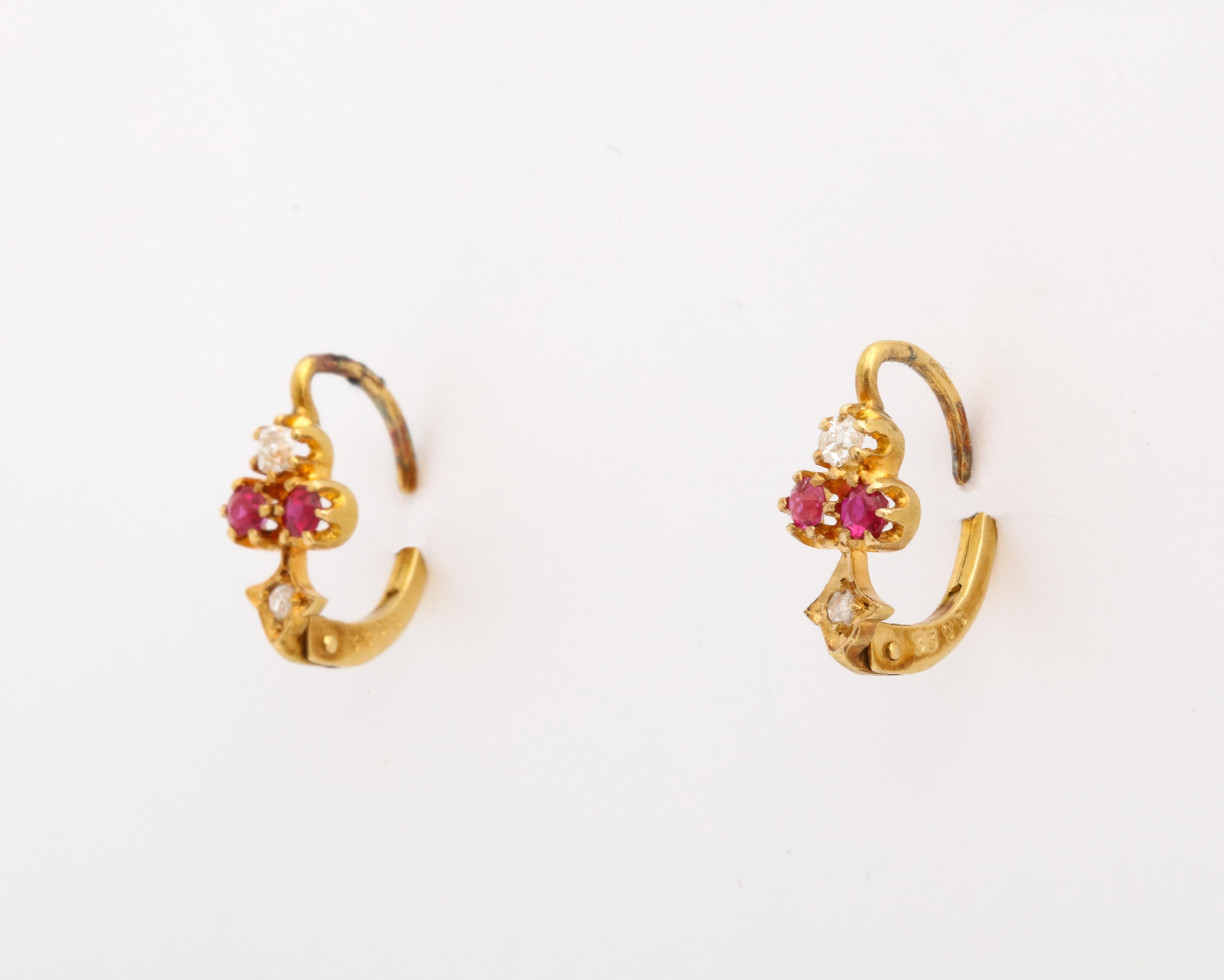 Round Cut Antique Edwardian Tiny Gold and Ruby 18 Kt Earrings c.