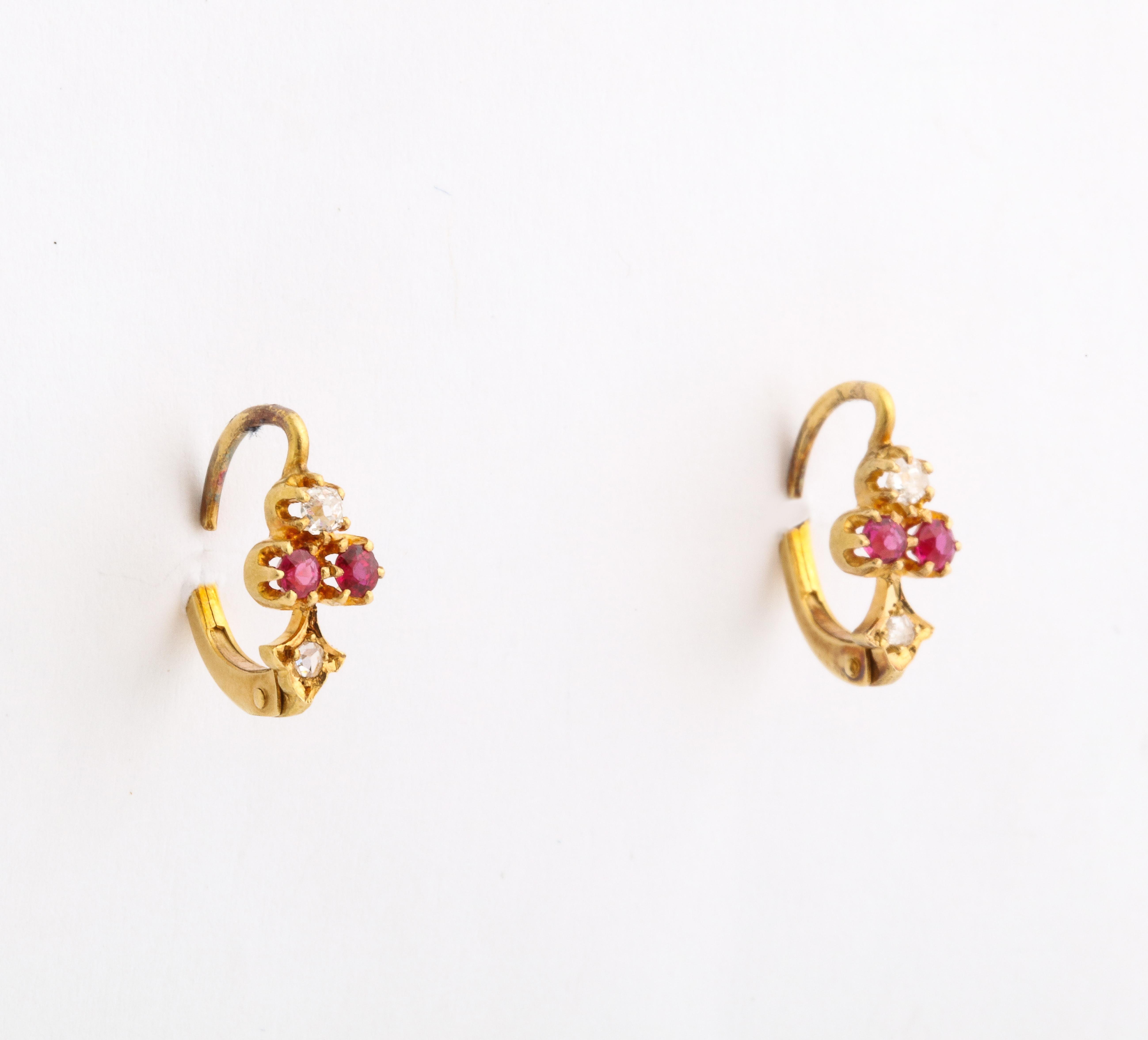 Round Cut Tiny Gold and Ruby 18 Kt Earrings c. For Sale