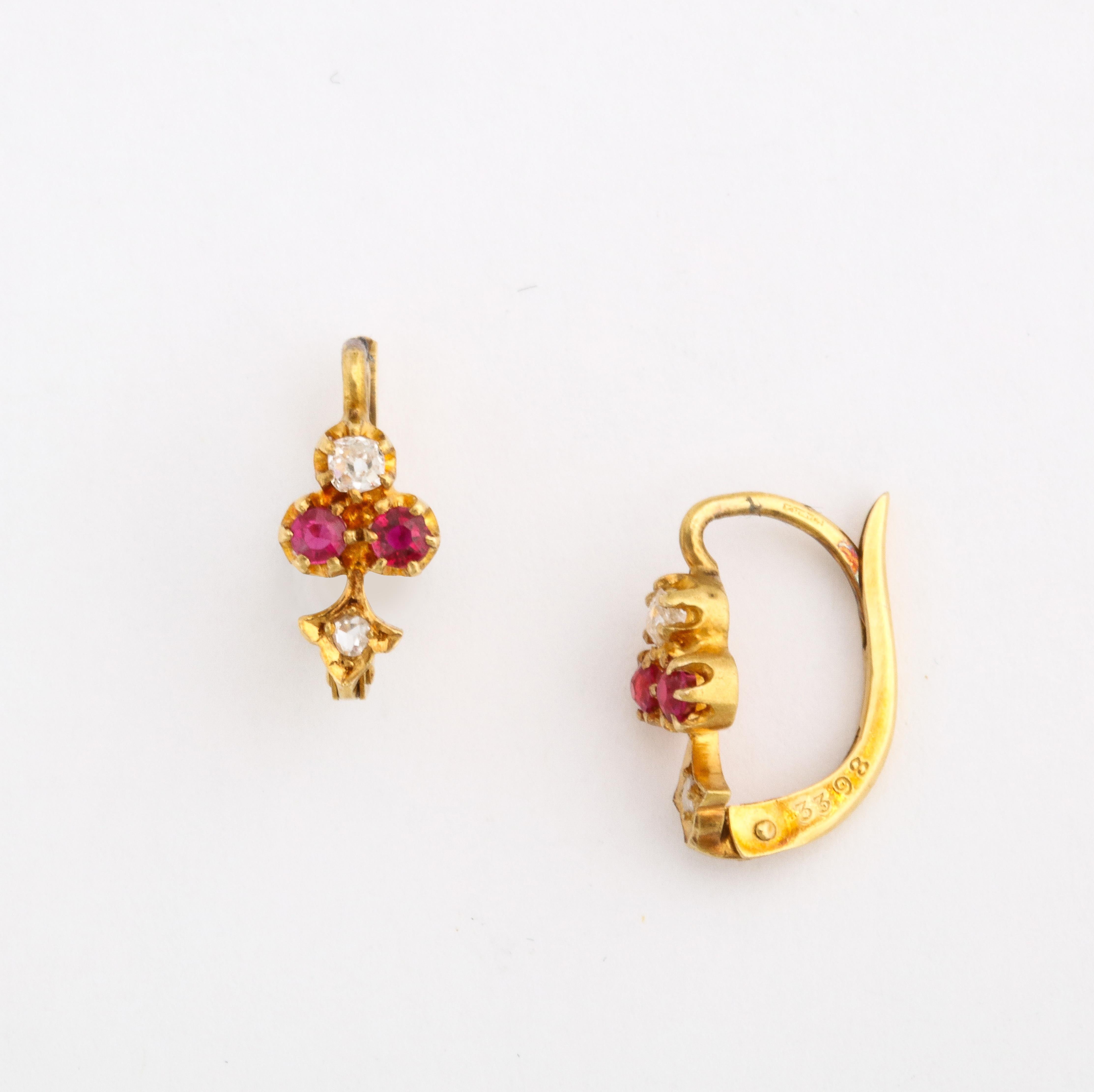 Tiny Gold and Ruby 18 Kt Earrings c. In Excellent Condition For Sale In Stamford, CT