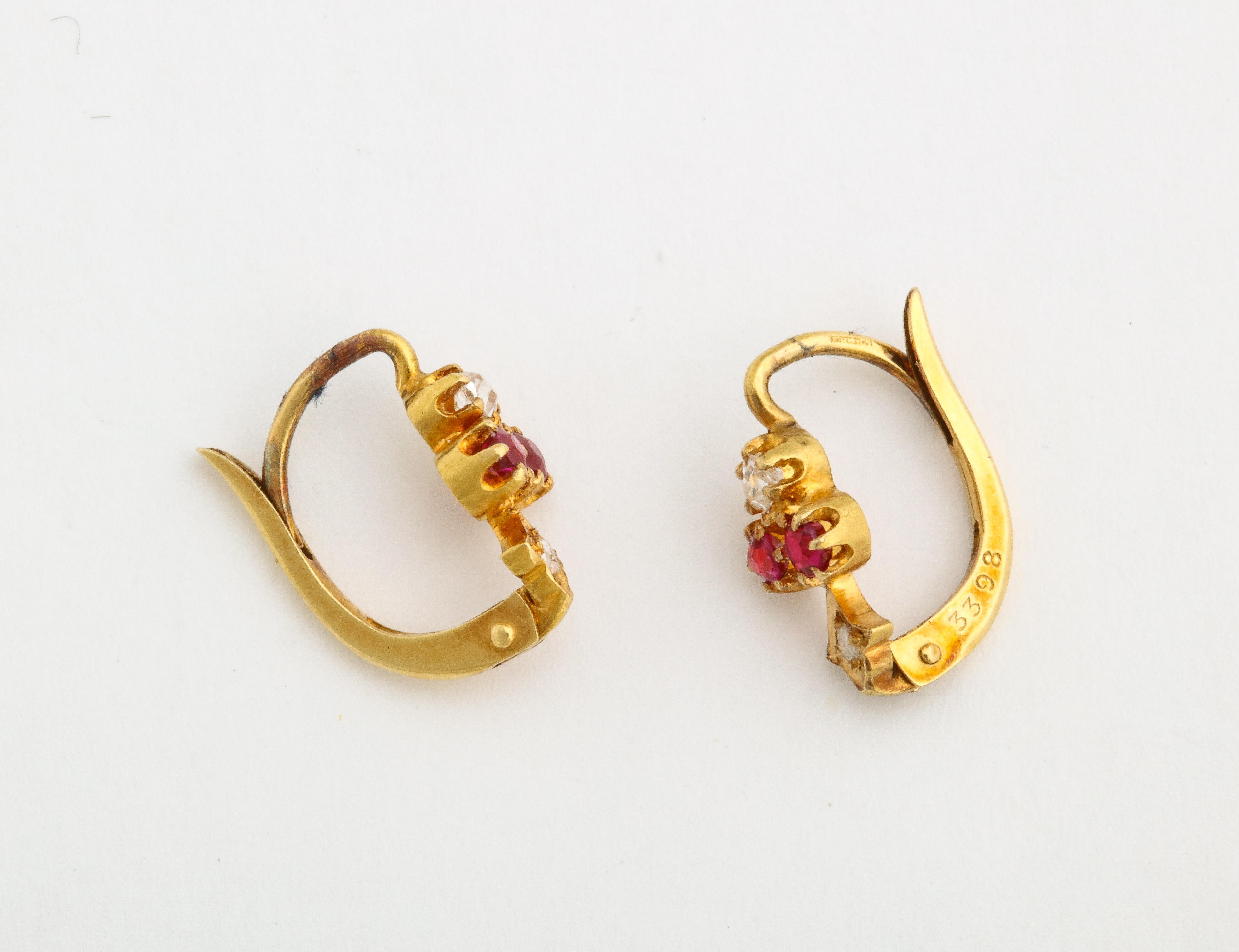 Tiny Gold and Ruby 18 Kt Earrings c. For Sale 1