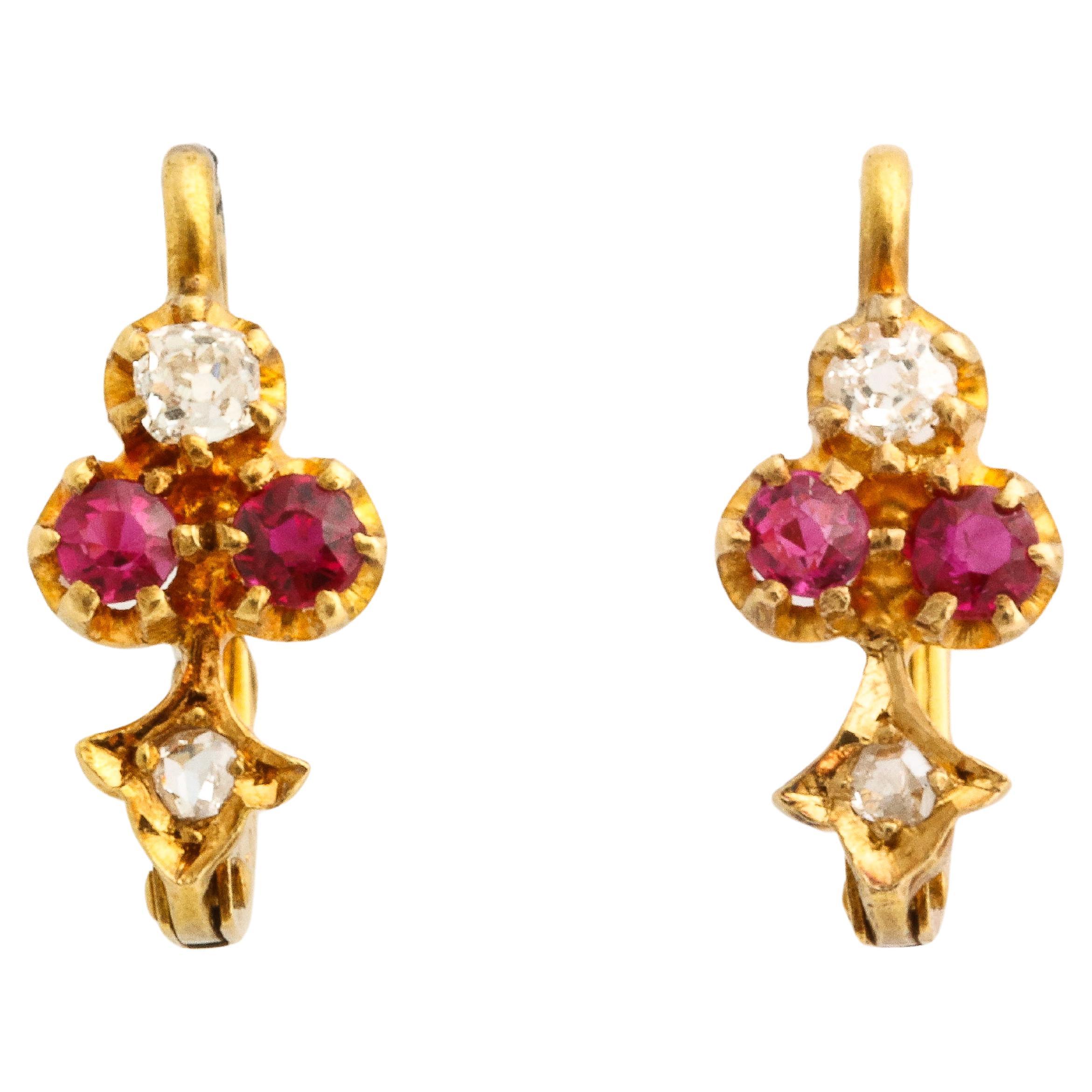 Tiny Gold and Ruby 18 Kt Earrings c. For Sale