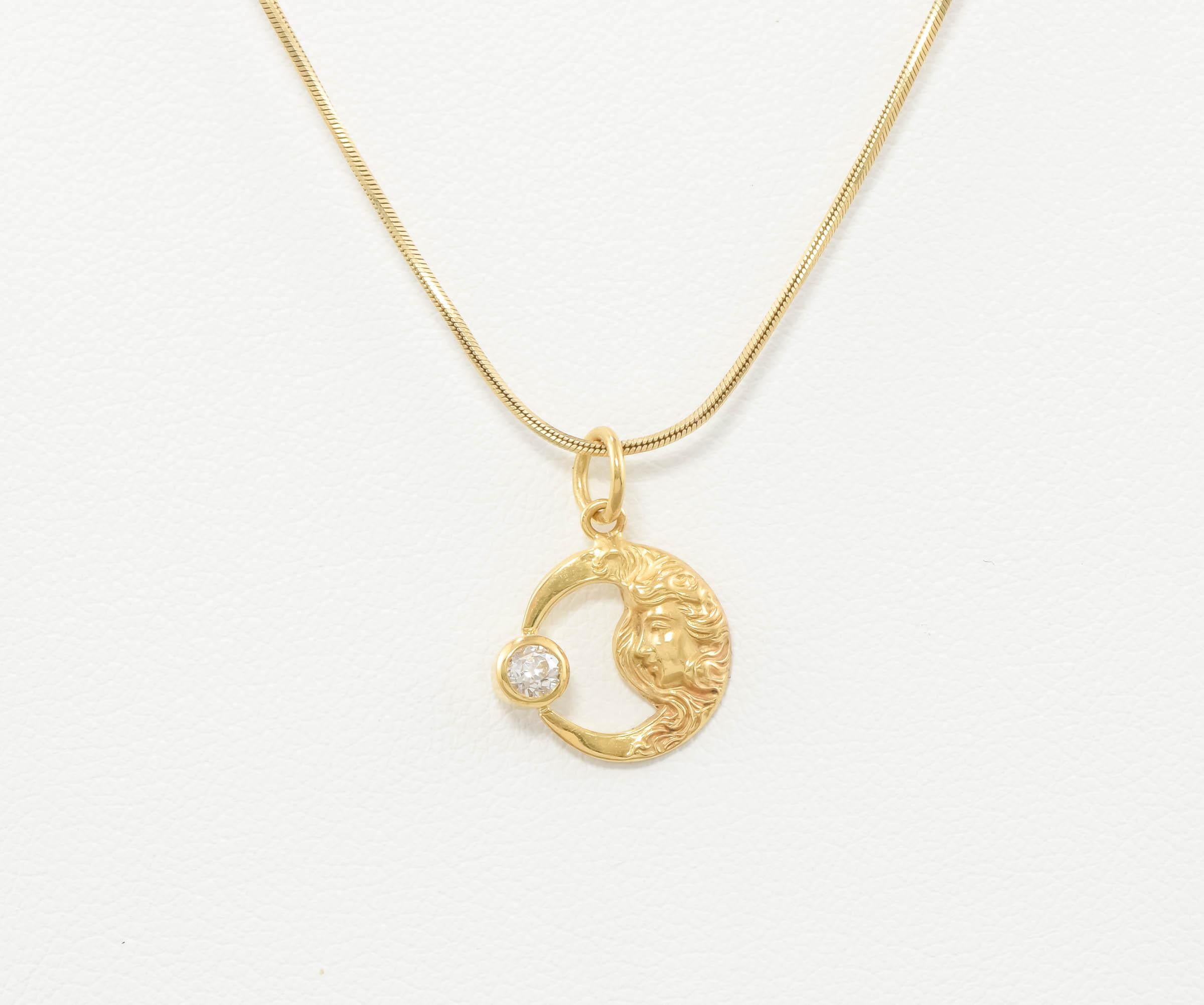 Tiny Gold Celestial Charm Necklace - Art Nouveau 'Lady in the Moon' with Diamond For Sale 5