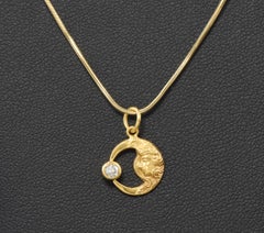 Tiny Gold Celestial Charm Necklace - Art Nouveau 'Lady in the Moon' with Diamond