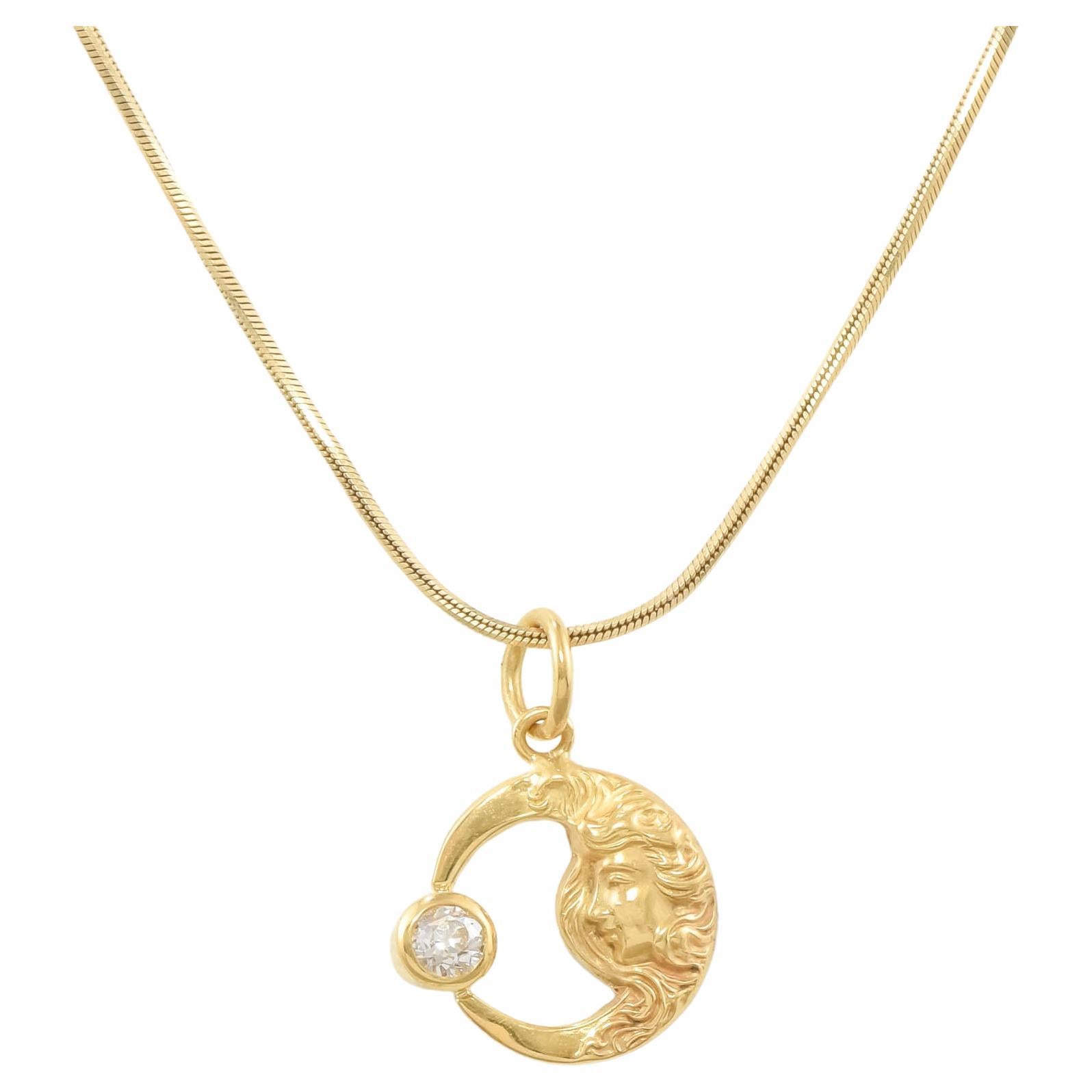 Tiny Gold Celestial Charm Necklace - Art Nouveau 'Lady in the Moon' with Diamond For Sale