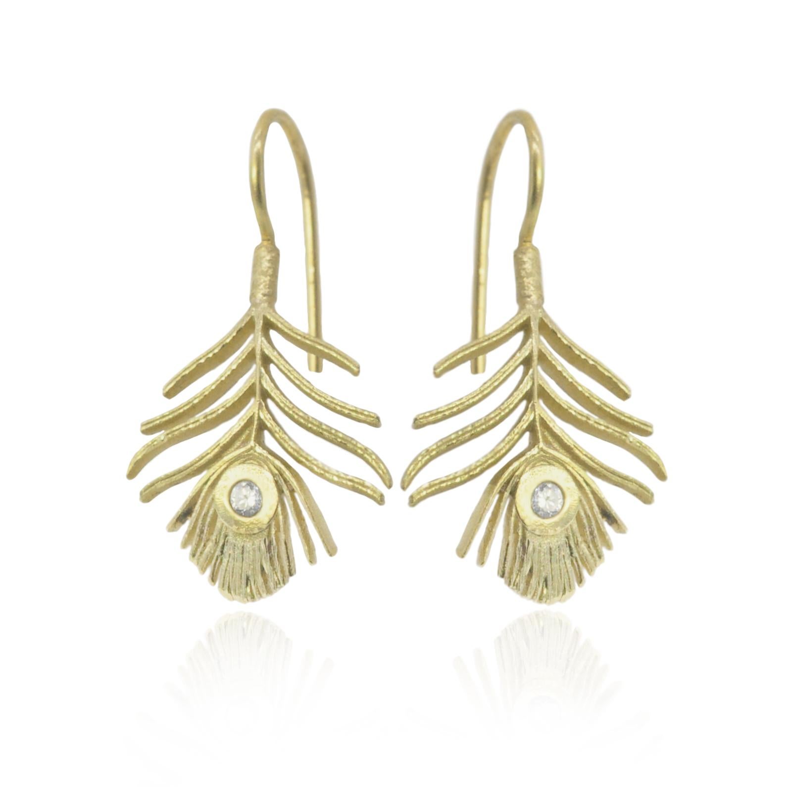 Artisan Tiny Gold Peacock Feather Earrings, 18k Yellow Gold For Sale