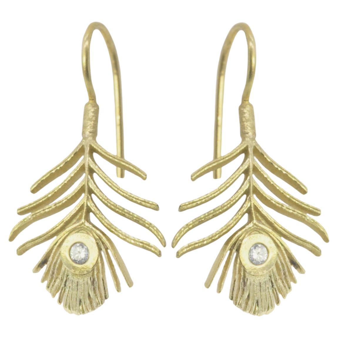 Tiny Gold Peacock Feather Earrings, 18k Yellow Gold For Sale