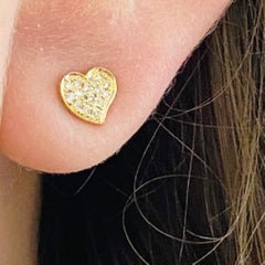 Tiny Heart Pave Diamond Studs, 14 Karat Gold 0.06 Carats Valentine Love