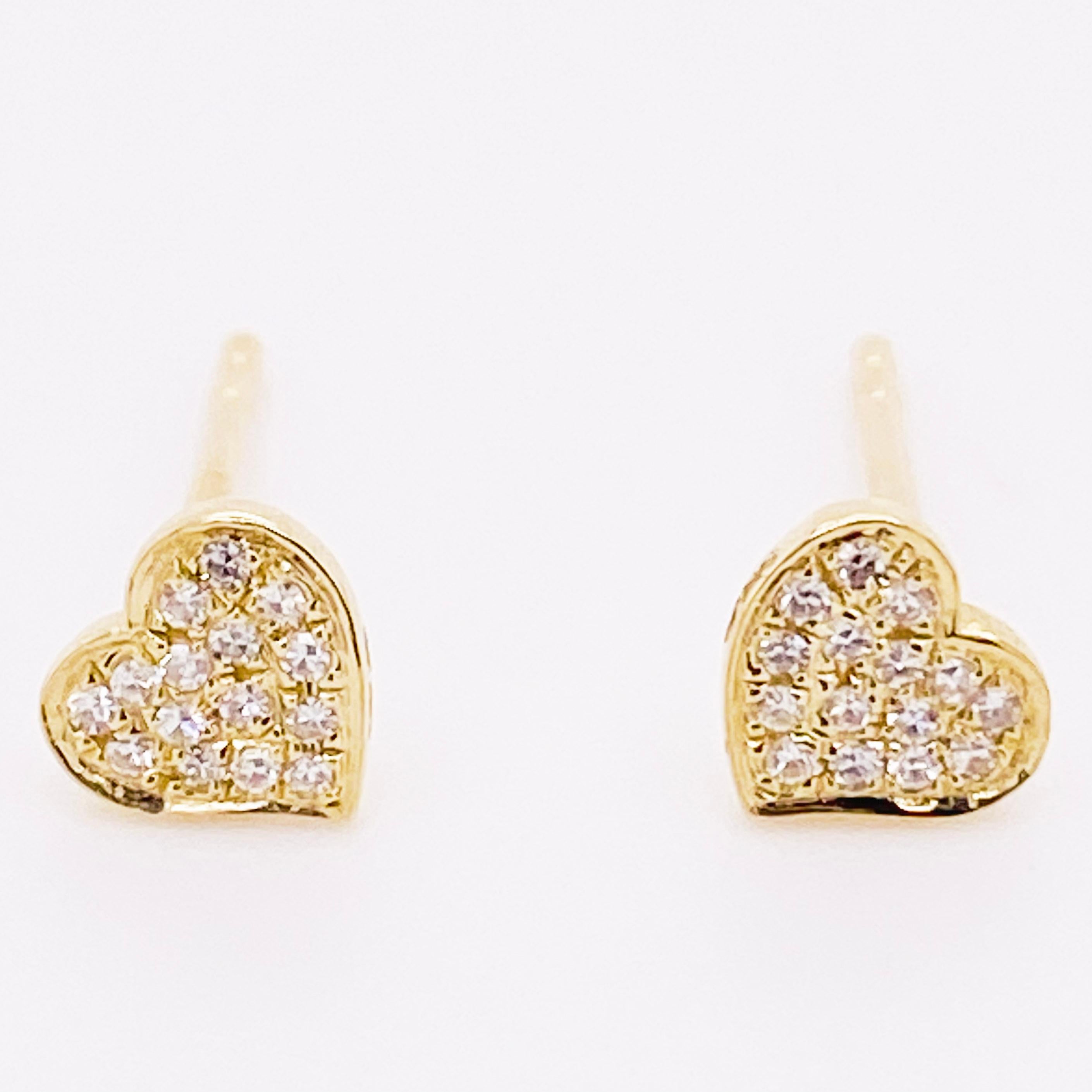 Contemporary Tiny Heart Pave Diamond Studs, 14 Karat Gold 0.06 Carats Valentine Love For Sale