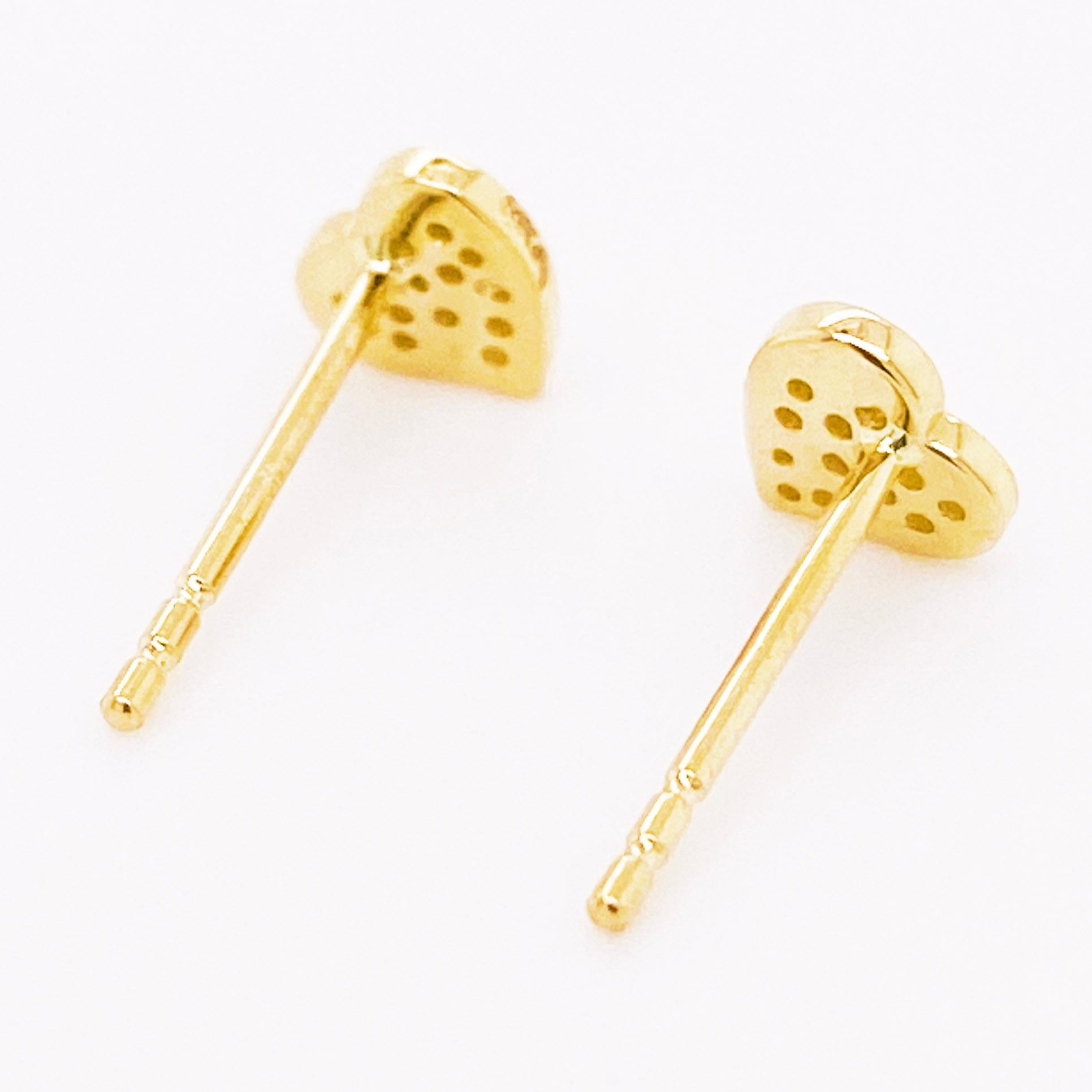 Tiny Heart Pave Diamond Studs, 14 Karat Gold 0.06 Carats Valentine Love In New Condition For Sale In Austin, TX