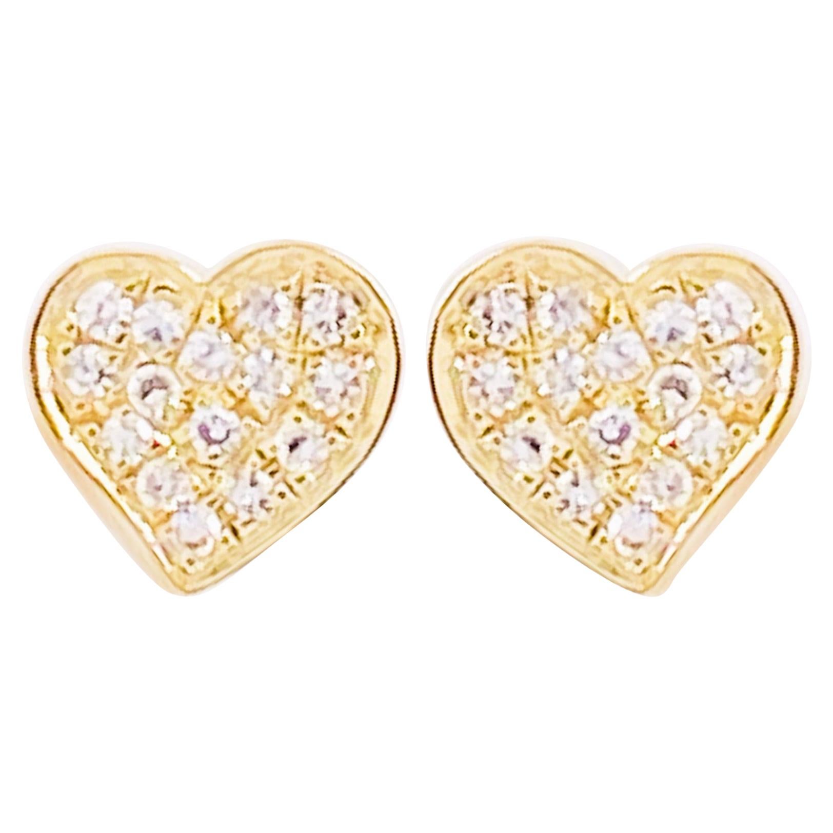 Tiny Heart Pave Diamond Studs, 14 Karat Gold 0.06 Carats Valentine Love For Sale