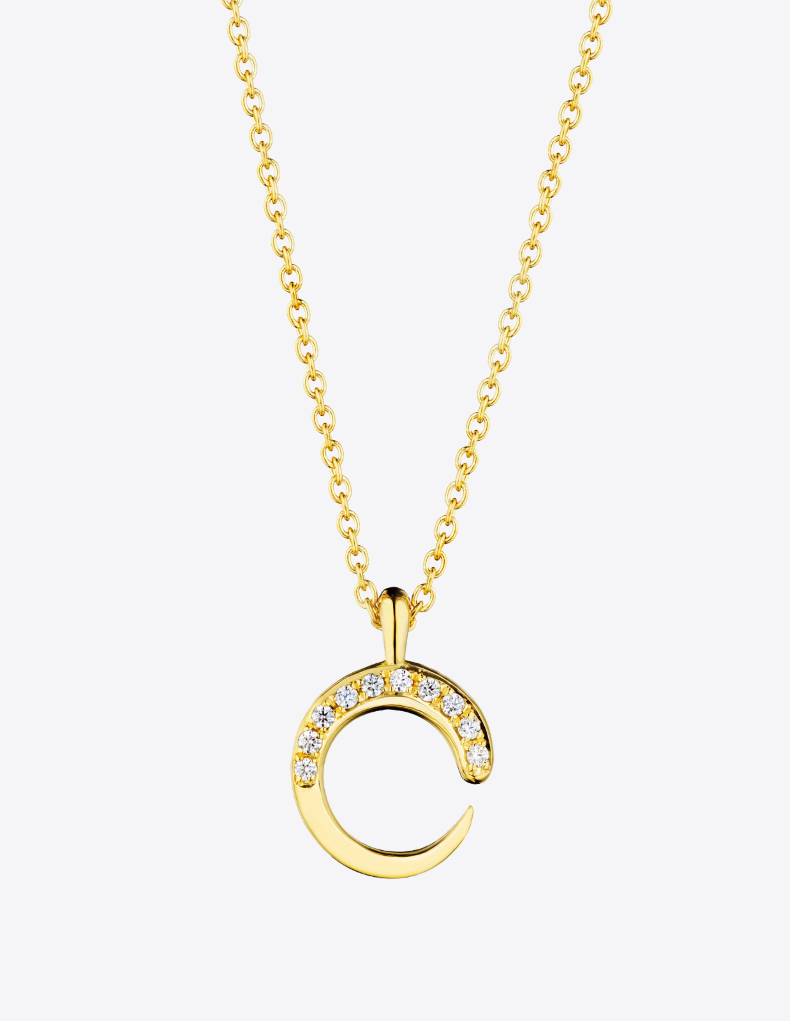 KHIRY signature Khartoum silhouette charm pendant in 18K Gold. Inspired by long horned cattle that are a store of value and wealth in Sudan, set with diamond for added brilliance. 0.5 inch pendant on 18-20 inch adjustable link chain with lobster
