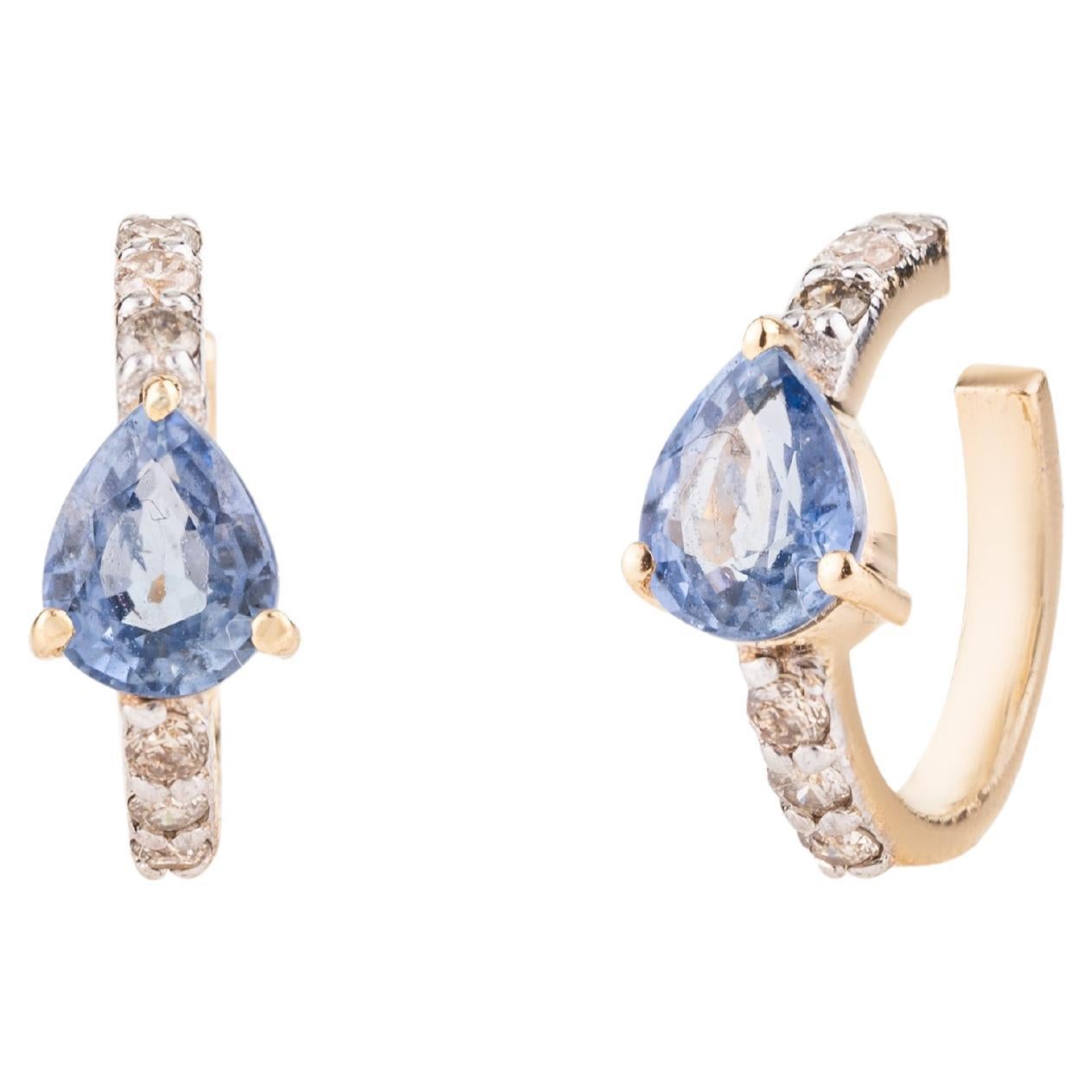 Boucles d'oreilles manchette Helix en or jaune 18 carats avec saphir bleu naturel et diamants en vente