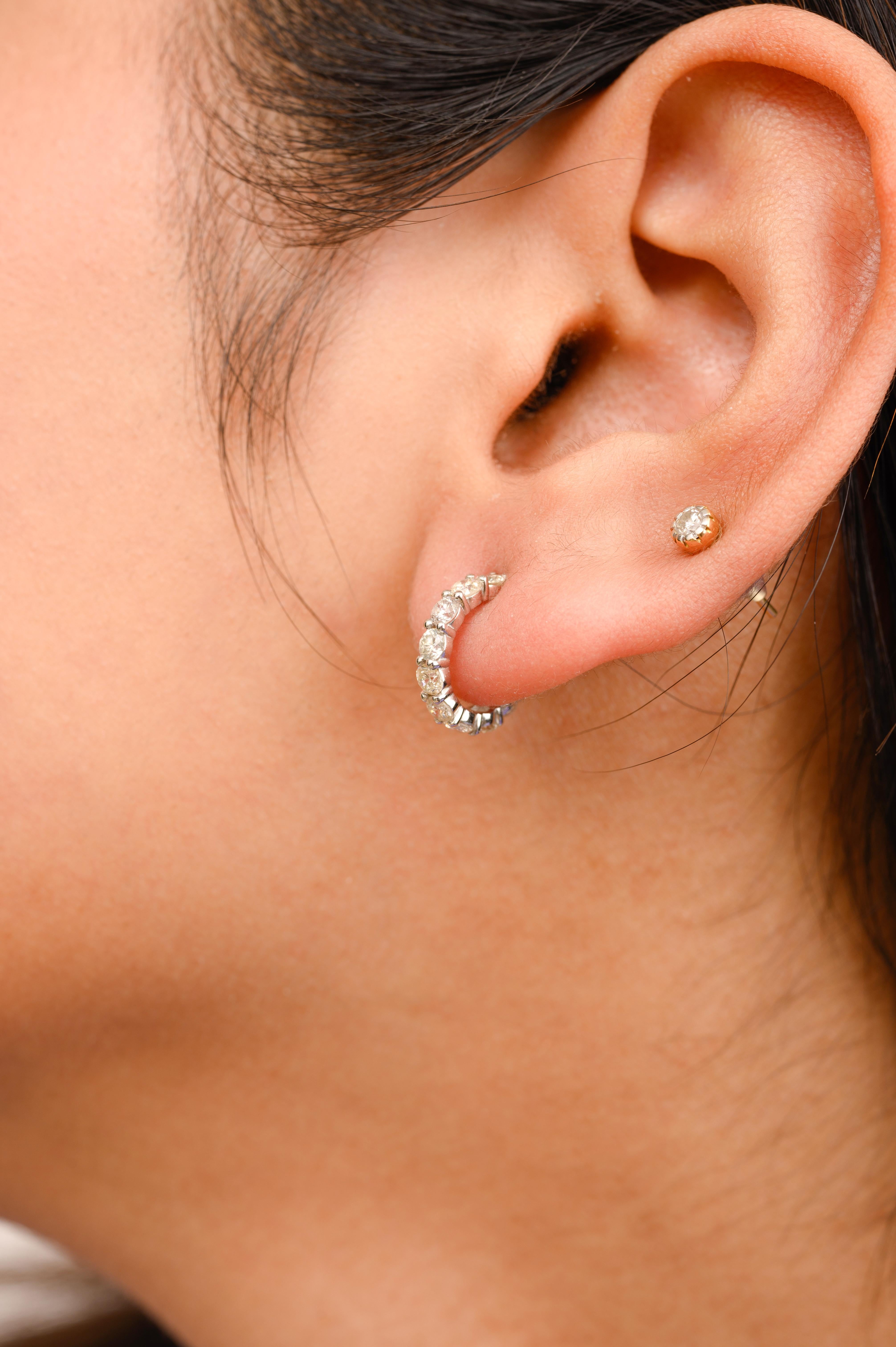 Round Cut Tiny Natural Diamond Hoop Earrings Gift for Her in 18k Solid White Gold For Sale