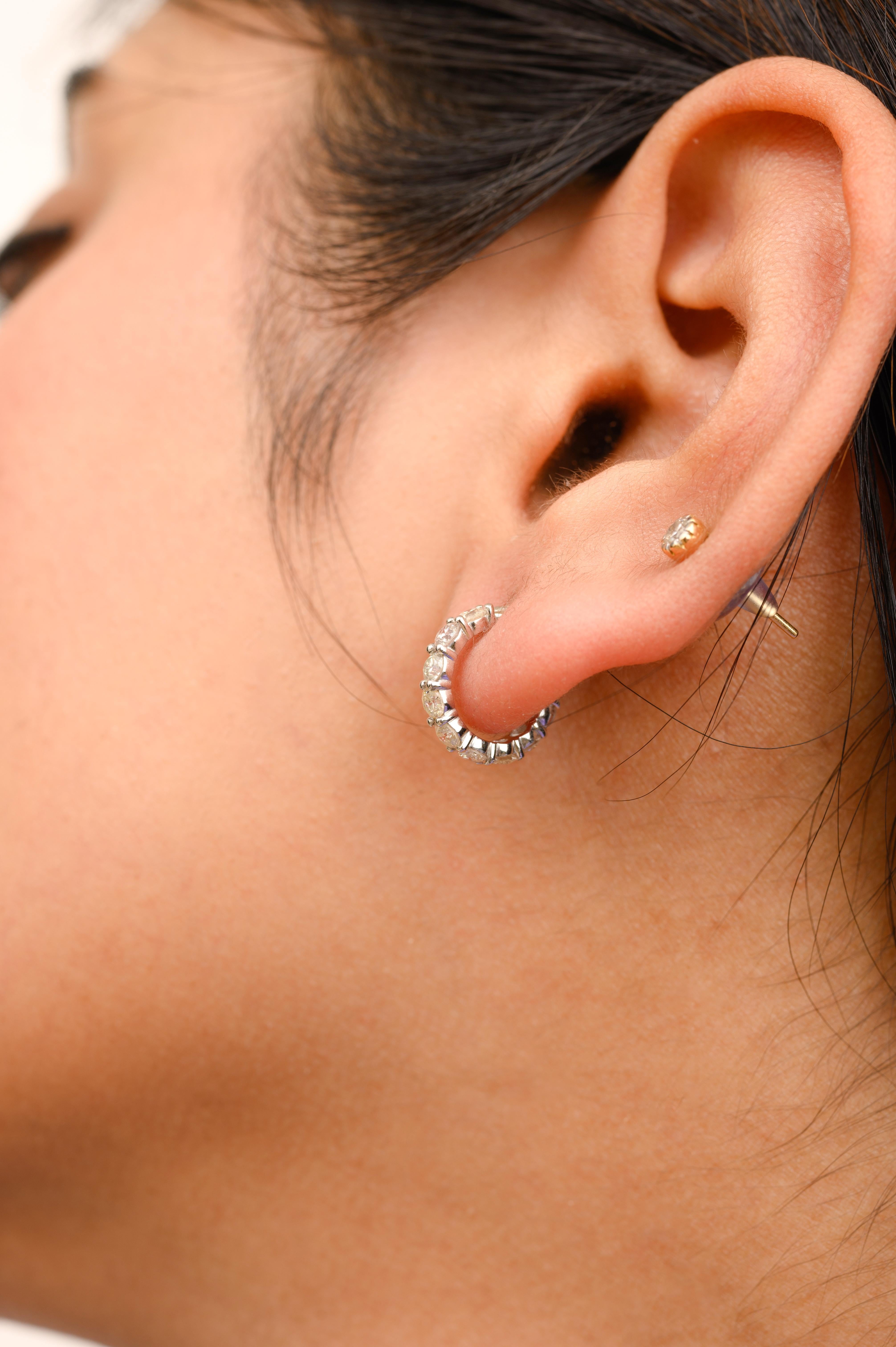 Women's Tiny Natural Diamond Hoop Earrings Gift for Her in 18k Solid White Gold For Sale