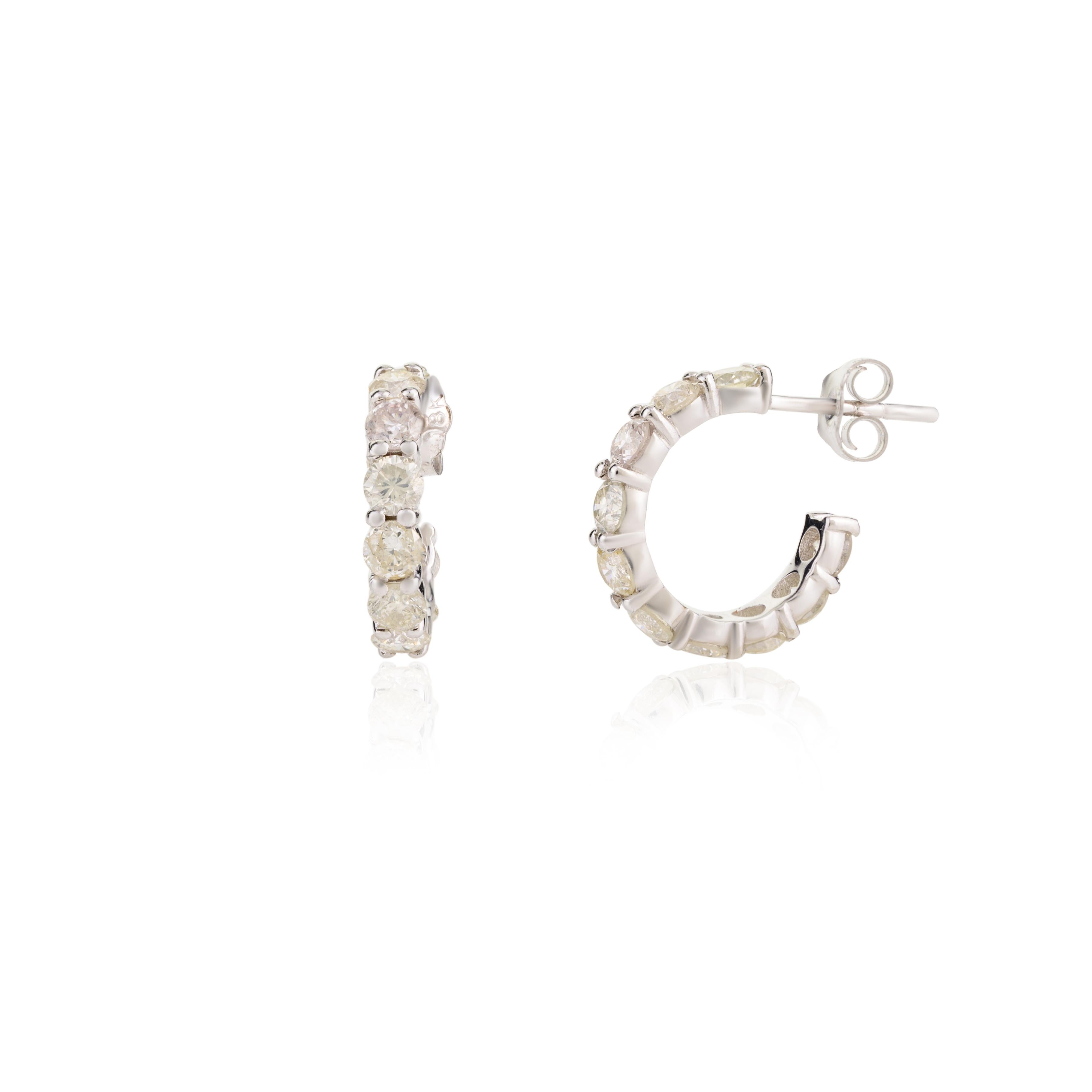 Tiny Natural Diamond Hoop Earrings Gift for Her in 18k Solid White Gold For Sale 2