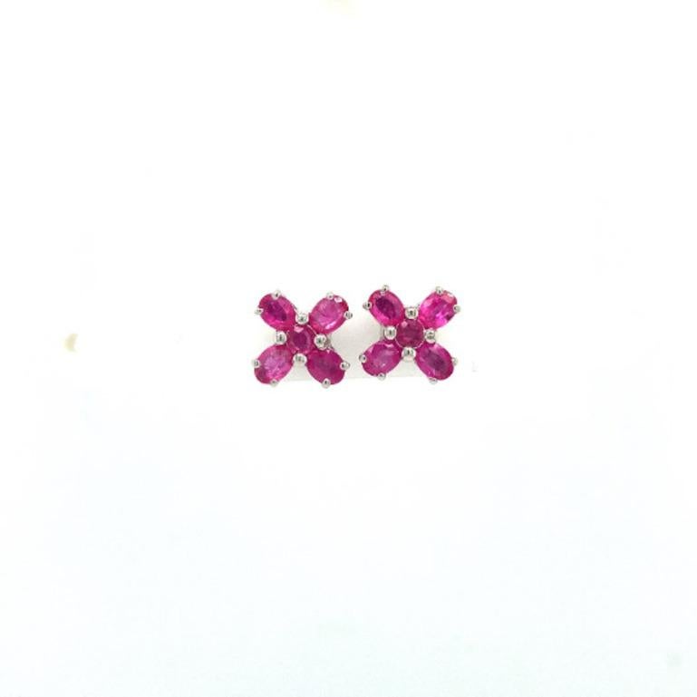 Mixed Cut Tiny Ruby Flower Pushback Earrings Handcrafted in Sterling Silver For Sale
