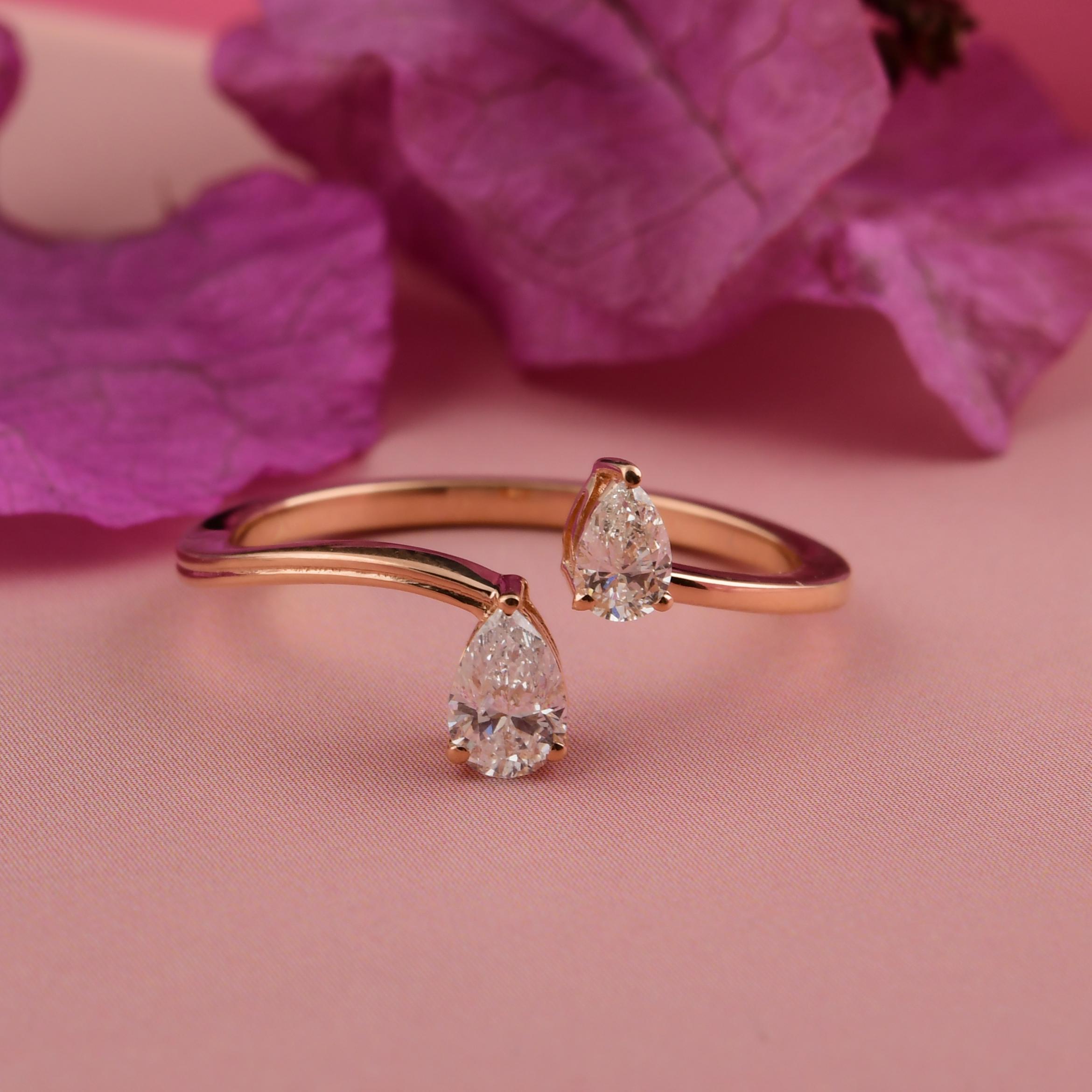 En vente :  Tiny SI/HI Pear Cut Diamond Open Ring Or rose massif 18k Cadeau pour elle 3