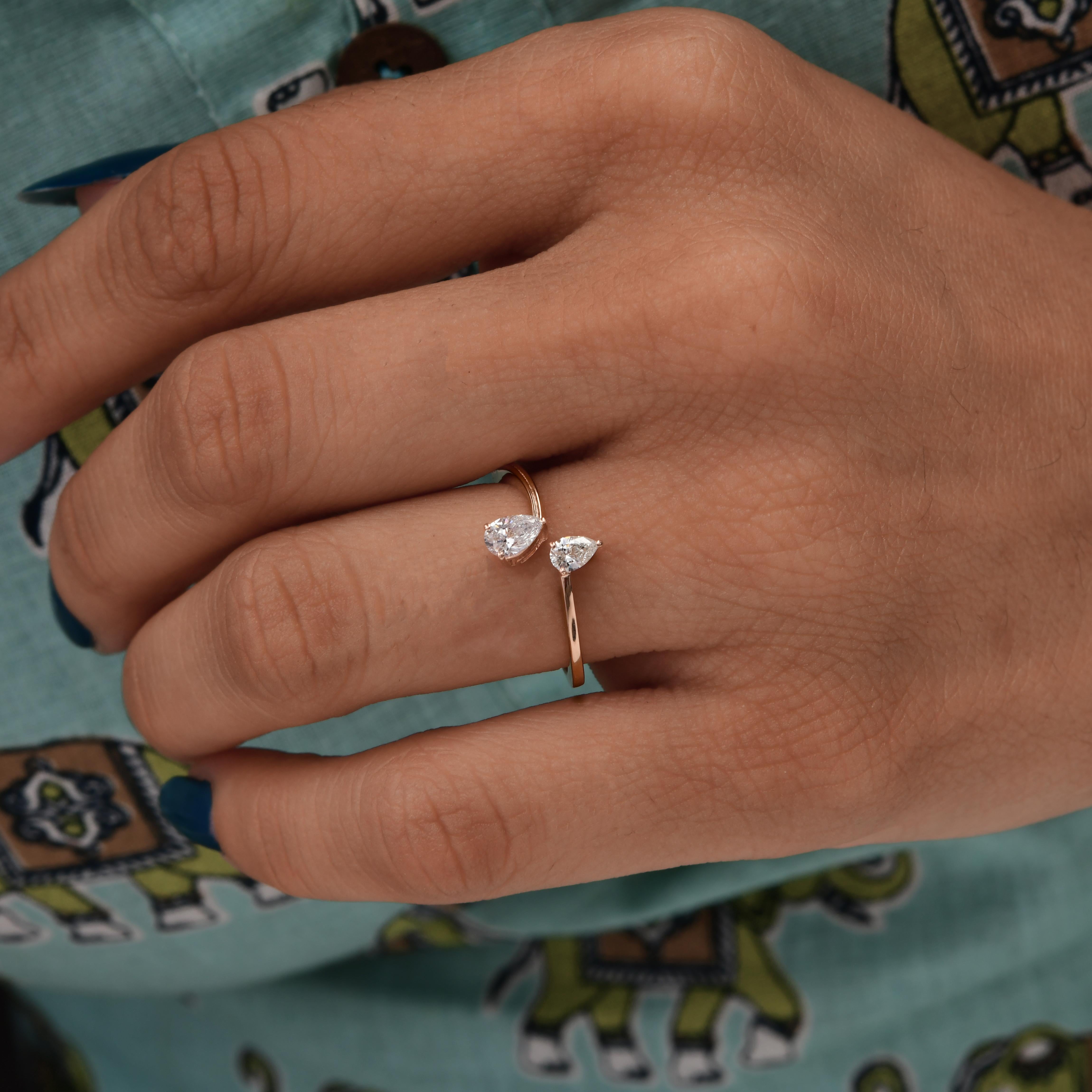 En vente :  Tiny SI/HI Pear Cut Diamond Open Ring Or rose massif 18k Cadeau pour elle 6