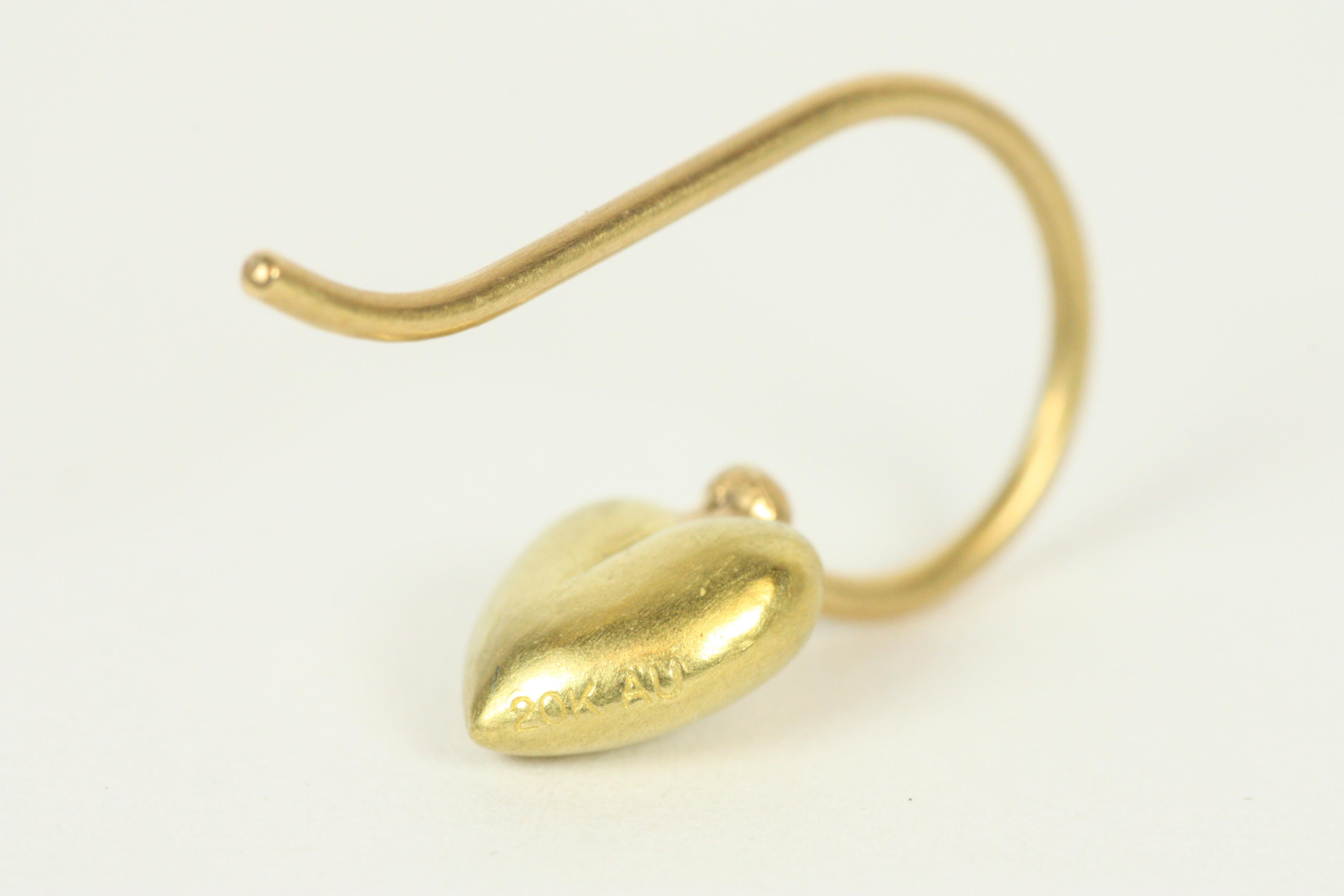 Tiny Solid Gold Heart Drop Earrings in 20K California River Yellow Gold For Sale 1