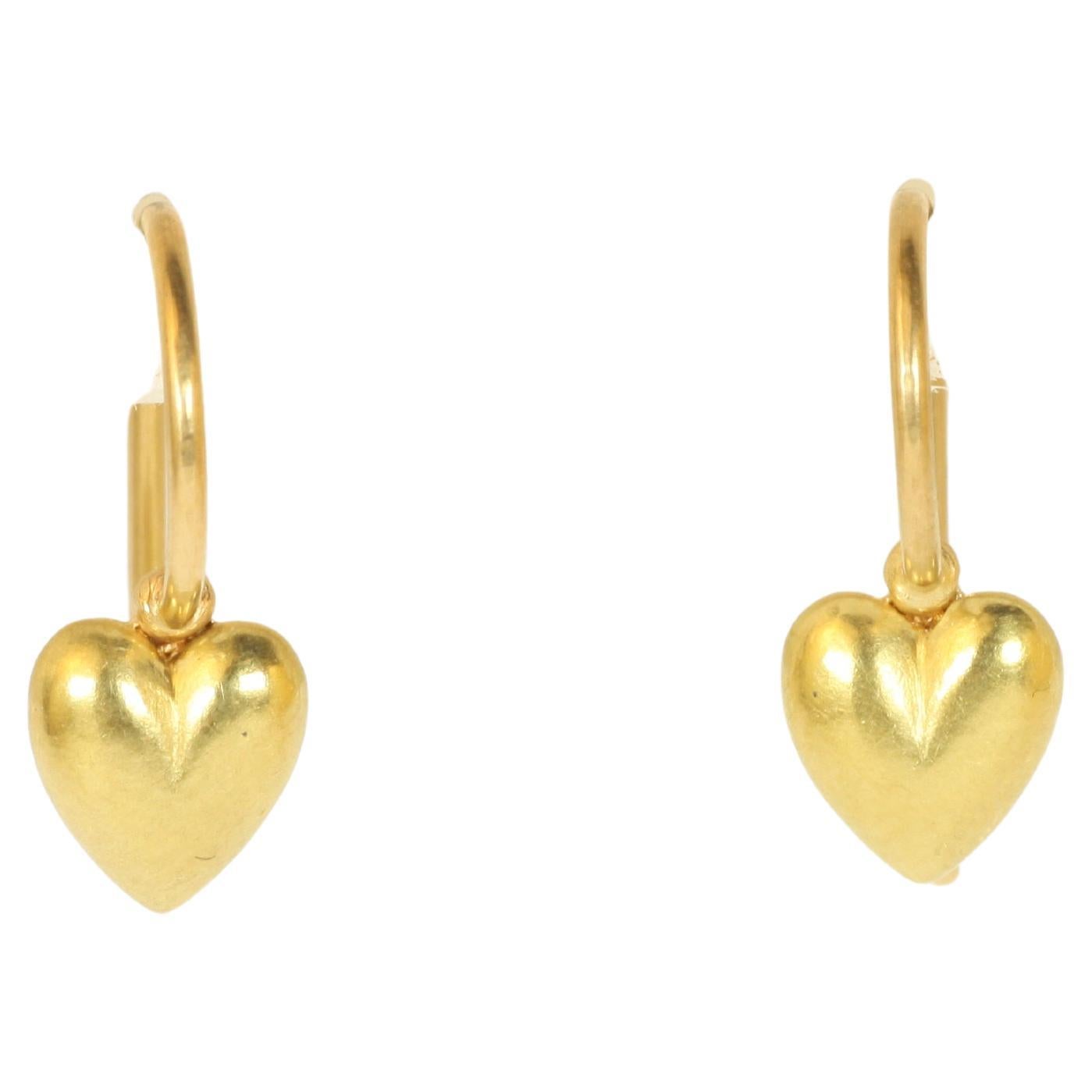 Tiny Solid Gold Heart Drop Earrings in 20K California River Yellow Gold For Sale