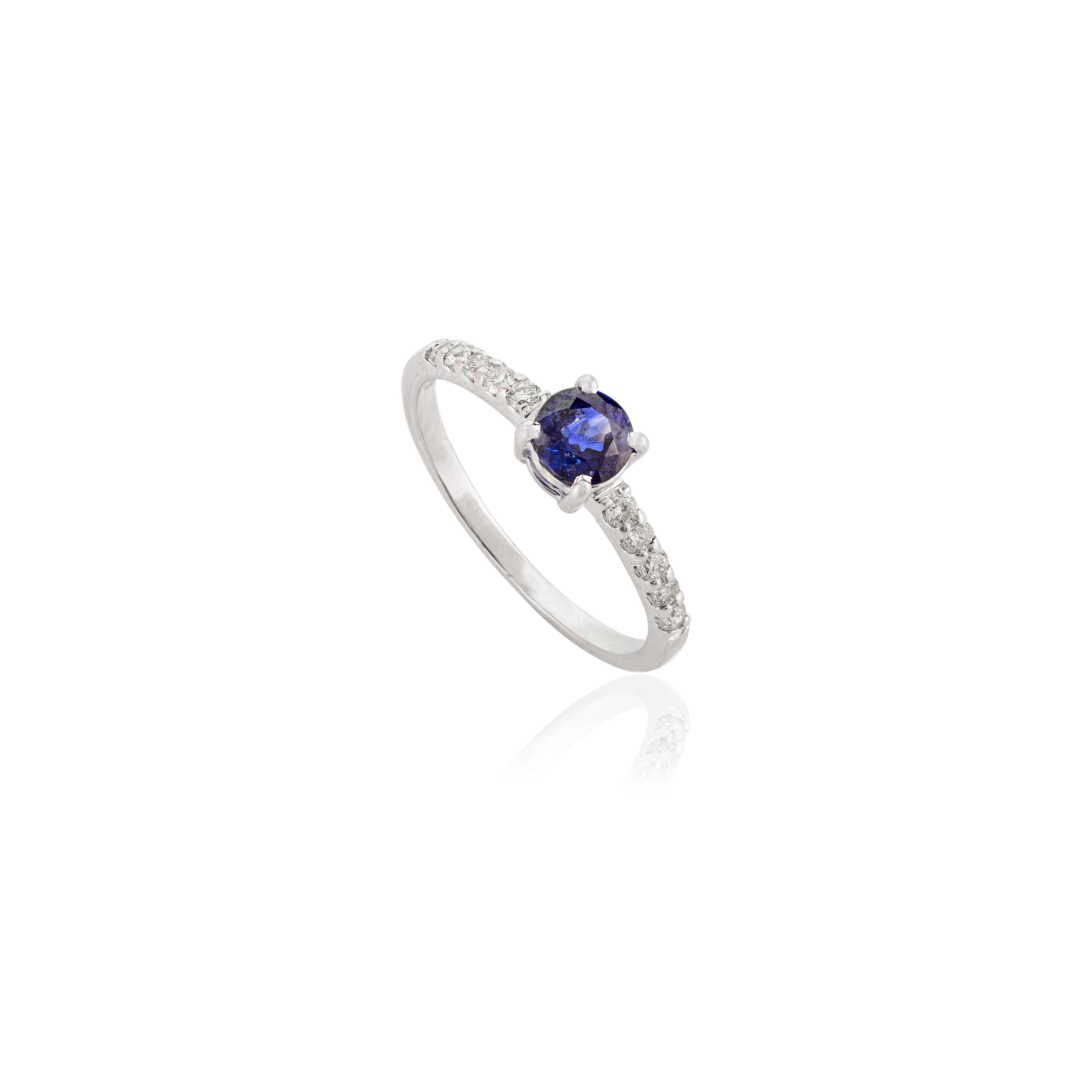 For Sale:  Tiny Solitaire Blue Sapphire and Diamond Ring in 14k Solid White Gold for Her 2