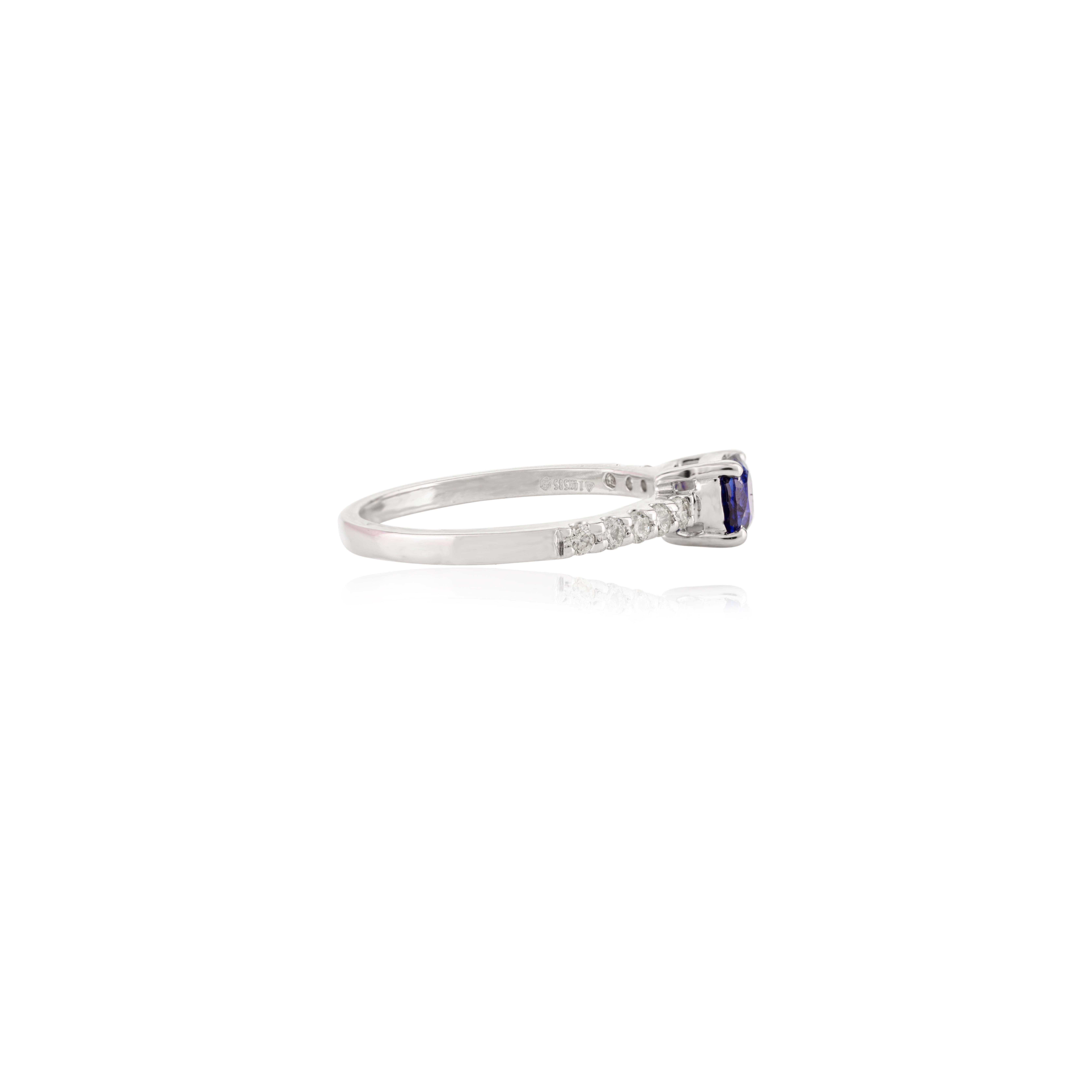 For Sale:  Tiny Solitaire Blue Sapphire and Diamond Ring in 14k Solid White Gold for Her 3