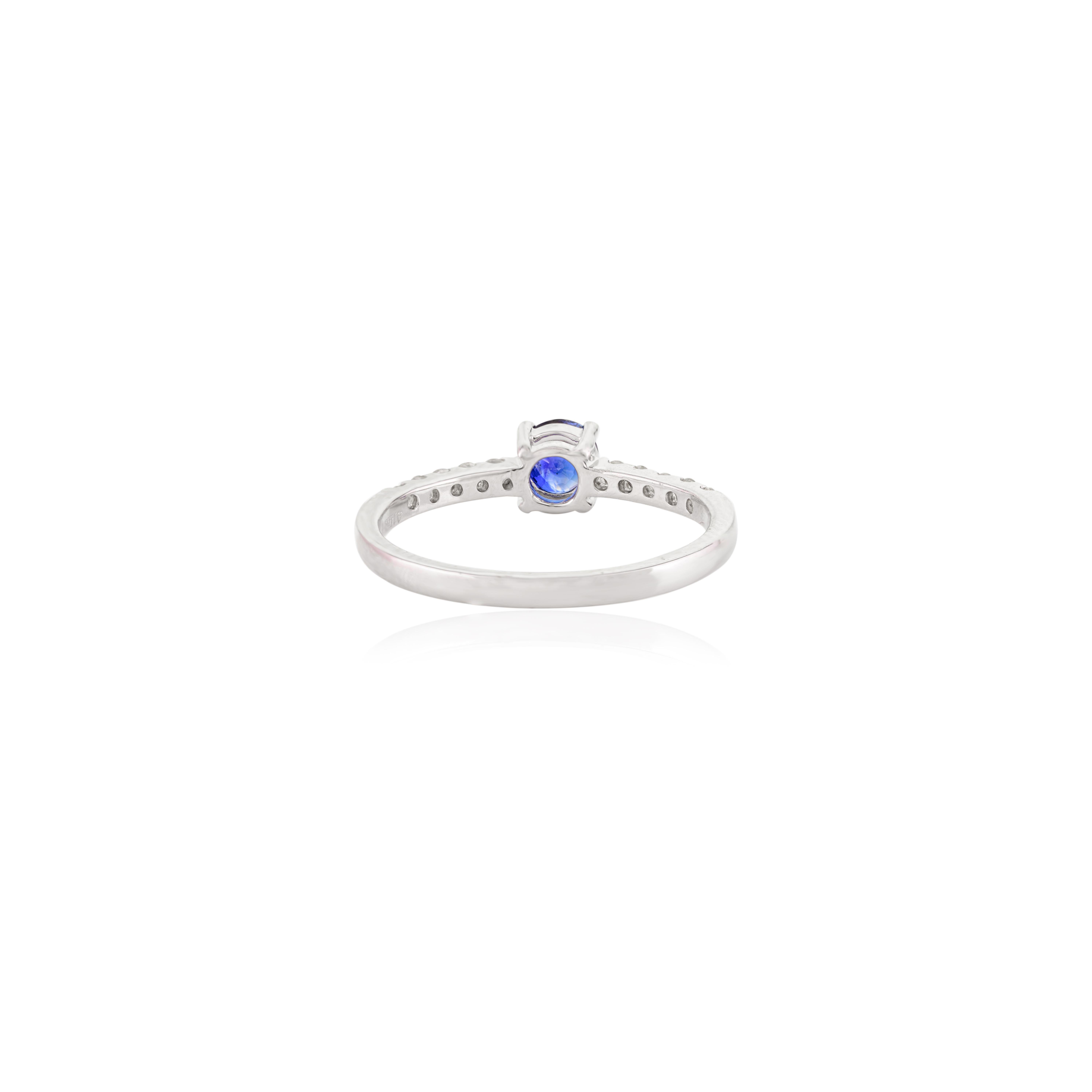 For Sale:  Tiny Solitaire Blue Sapphire and Diamond Ring in 14k Solid White Gold for Her 4