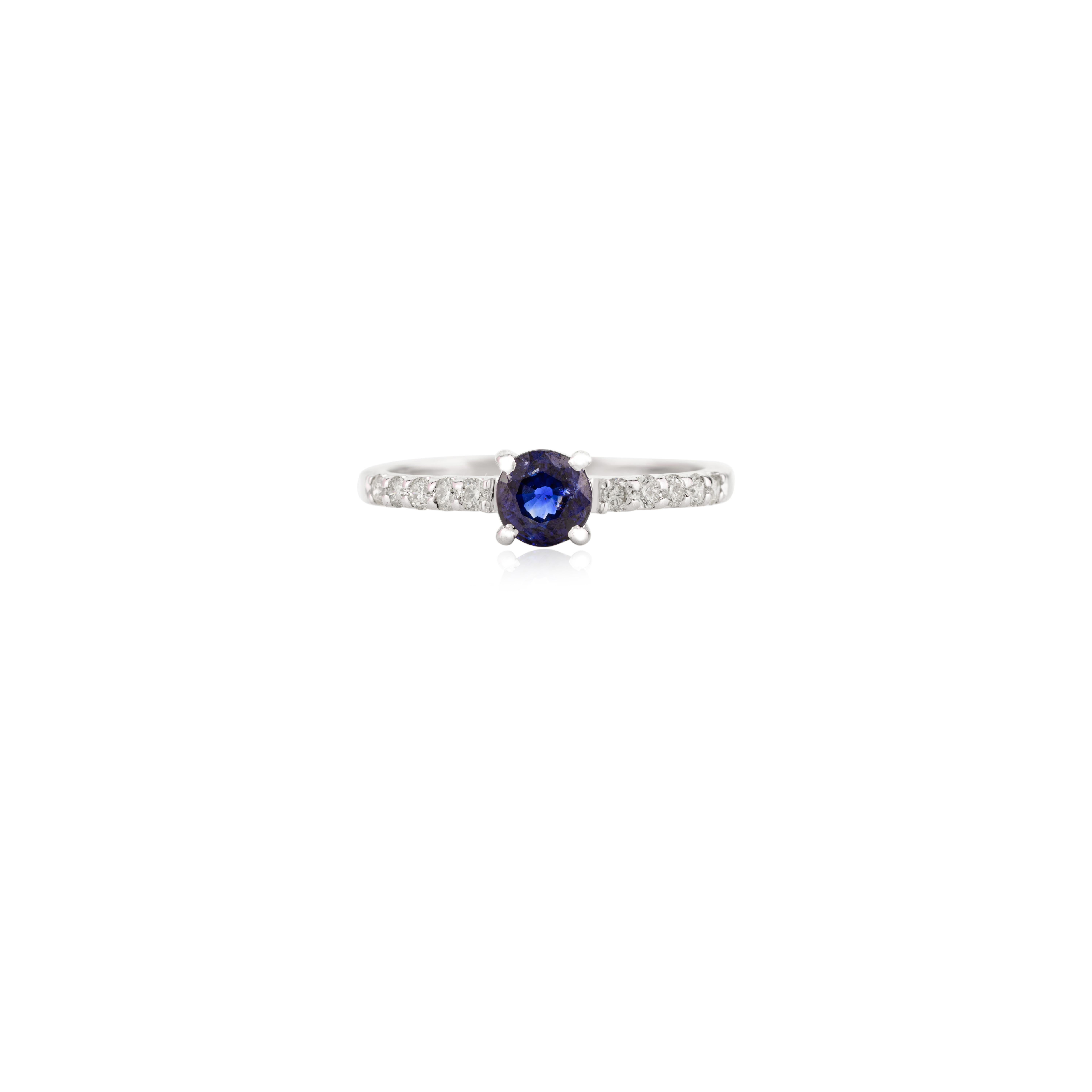 For Sale:  Tiny Solitaire Blue Sapphire and Diamond Ring in 14k Solid White Gold for Her 5