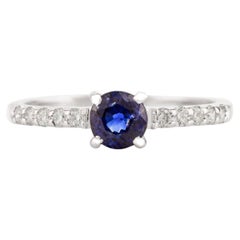 Tiny Solitaire Blue Sapphire and Diamond Ring in 14k Solid White Gold for Her