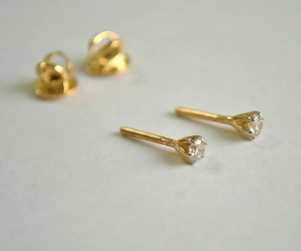 Round Cut Tiny Solitaire Studs 14k Gold Small Diamond Screwback Earrings For Sale