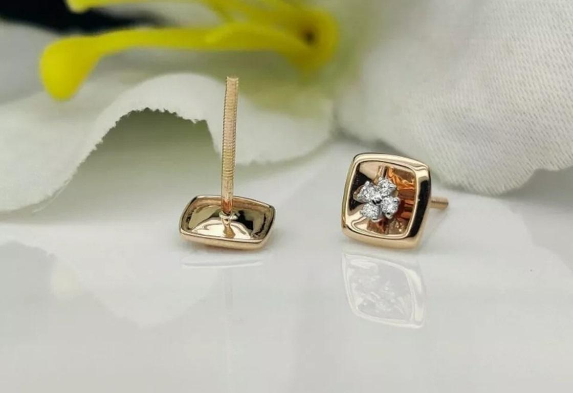 Taglio rotondo Orecchino con diamante quadrato piccolo in oro rosa massiccio 14k in vendita