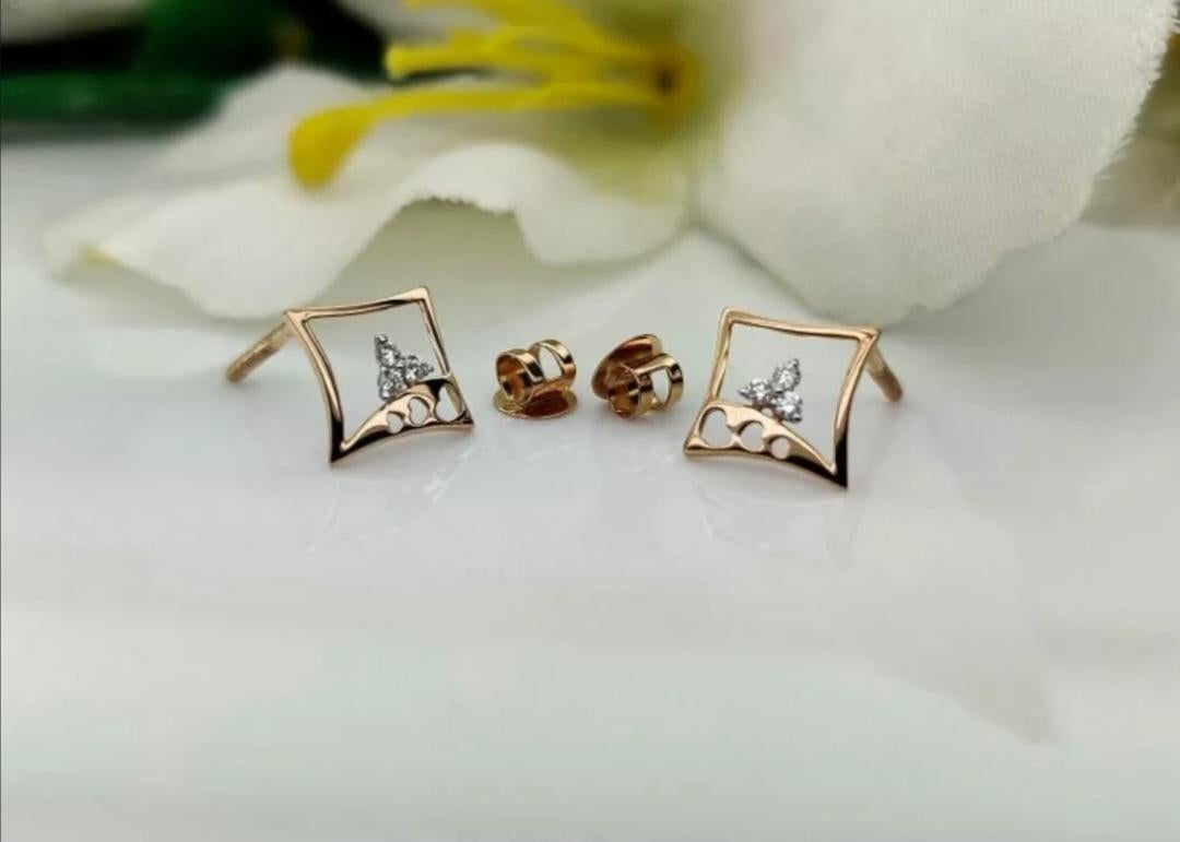 Art Deco Tiny Square Diamond Earrings 14k Solid Gold Dainty Diamond Everyday Earrings. For Sale