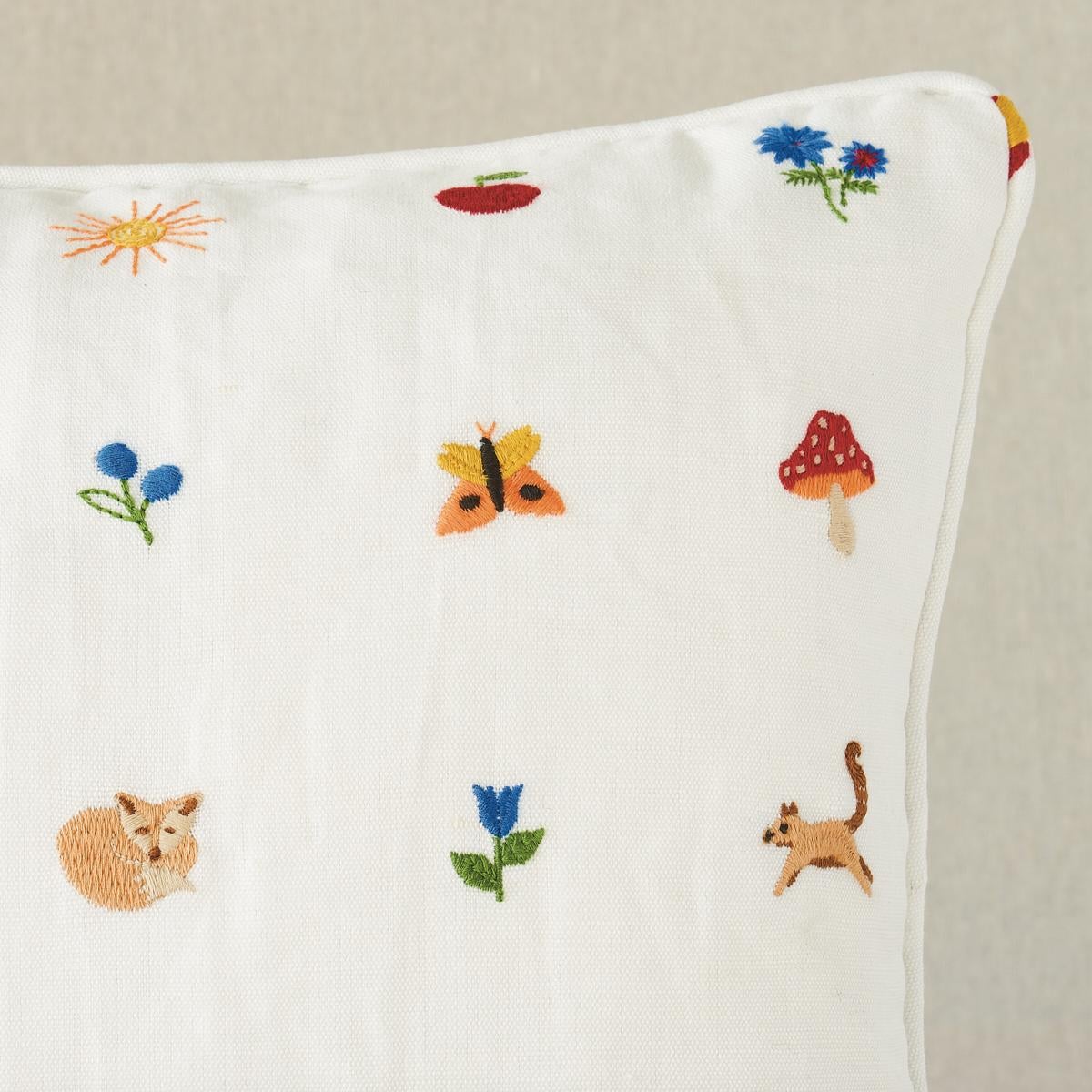 This pillow features Tiny Things Embroidery with a self welt finish. An airy small-scale pattern, multi-colored Tiny Things Embroidery is animated by a charming menagerie of woodland creatures, plants and insects. Pillow includes a feather/down fill