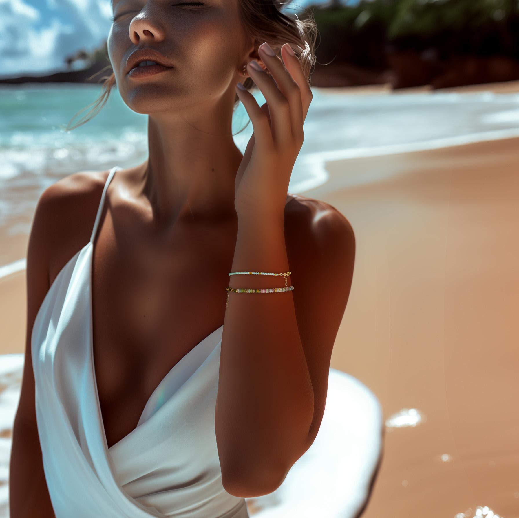 Embrace the spirit of protection and positivity with this delicate turquoise and 14K gold bracelet from Bombyx House, a subtle yet powerful talisman for everyday adventures.

	•	6.5