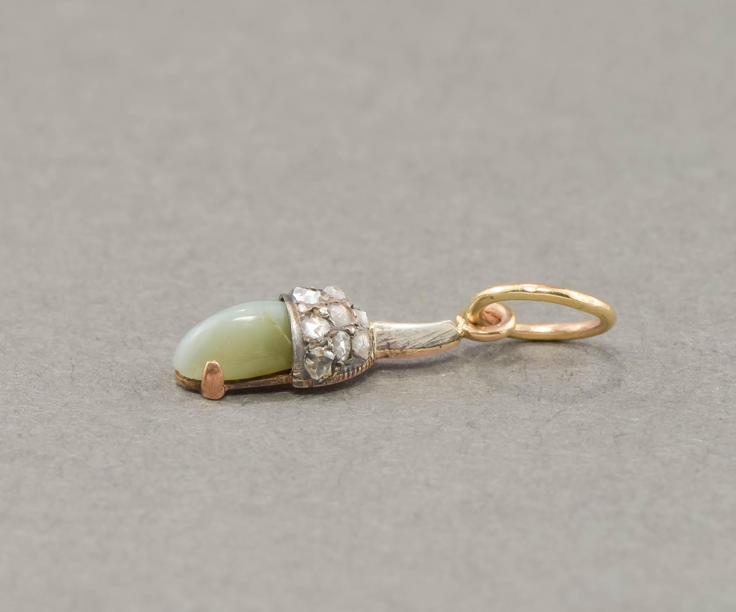 Tiny Victorian Diamond Cat's Eye Chrysoberyl Acorn Charm - Antique Conversion In Good Condition In Danvers, MA