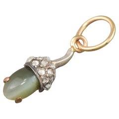 Tiny Victorian Diamond Cat's Eye Chrysoberyl Acorn Charm - Antique Conversion