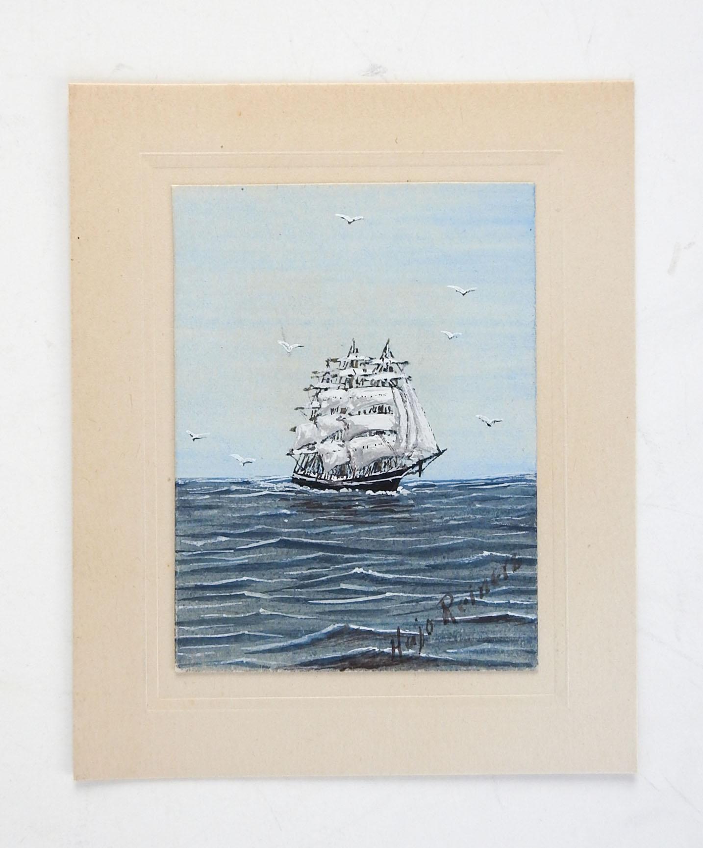 Miniature watercolor on paper of a sailing ship sailboat by Hajo Reiners (20th Century) Texas. Signed lower right. Painting is 2.25' x 3