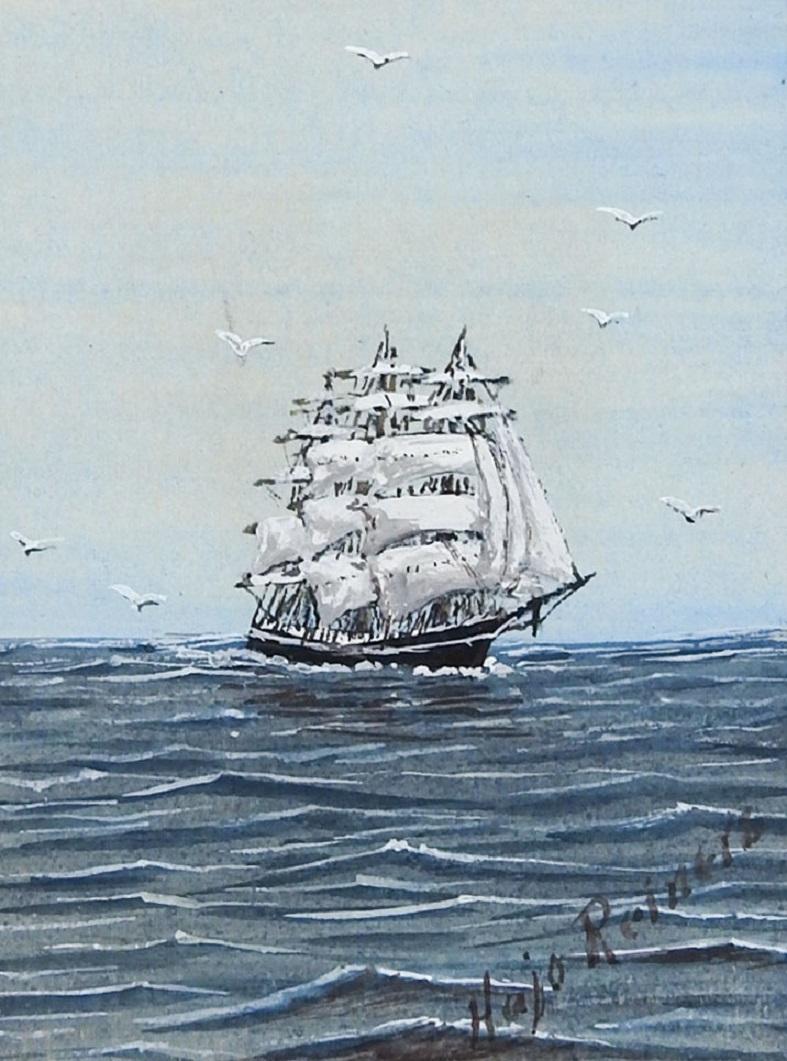 Classique américain Peinture à l'aquarelle d'un petit bateau clipper à voile vintage en vente