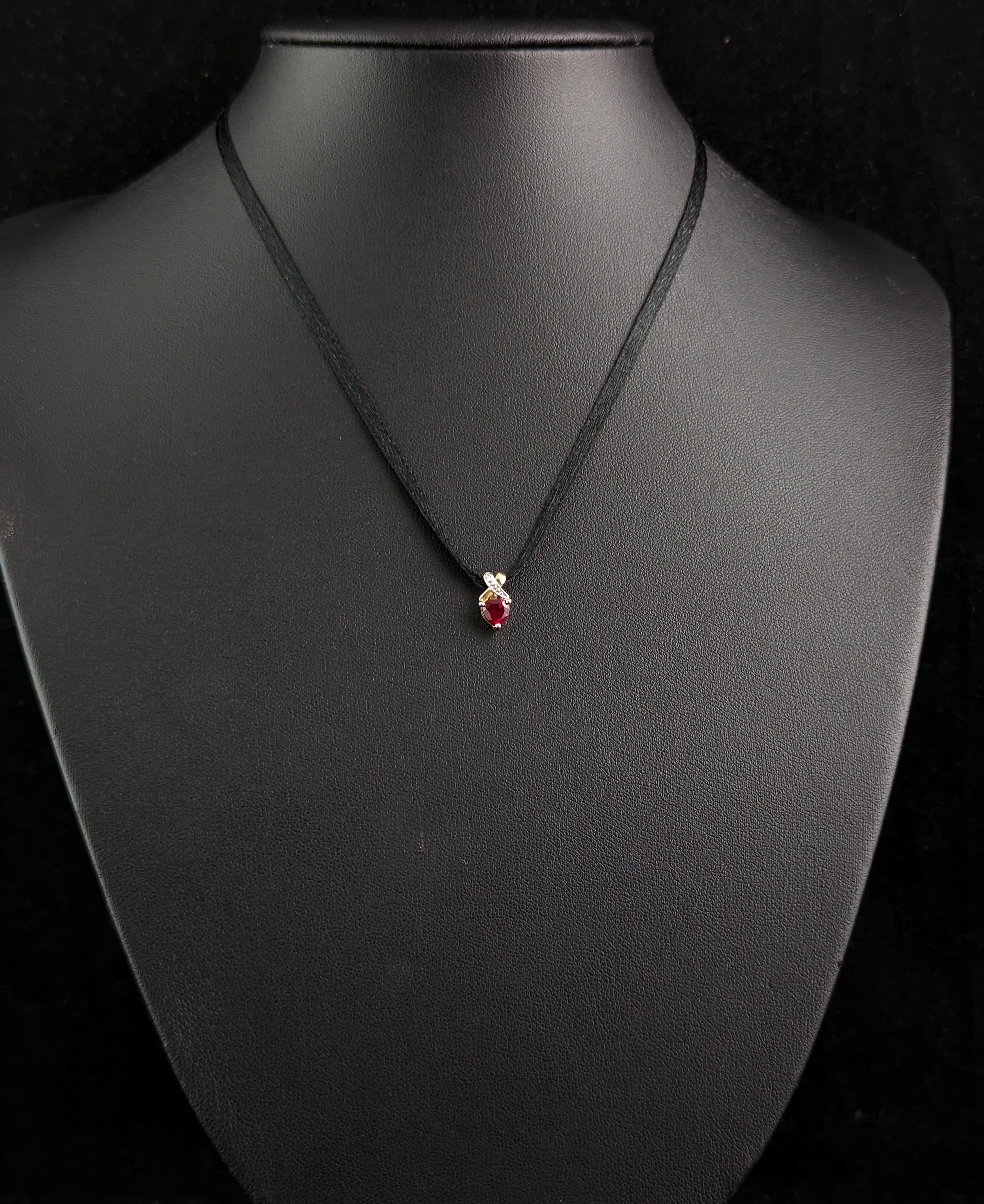 Modern Tiny Vintage Synthetic Ruby and diamond heart pendant, 9k gold  For Sale