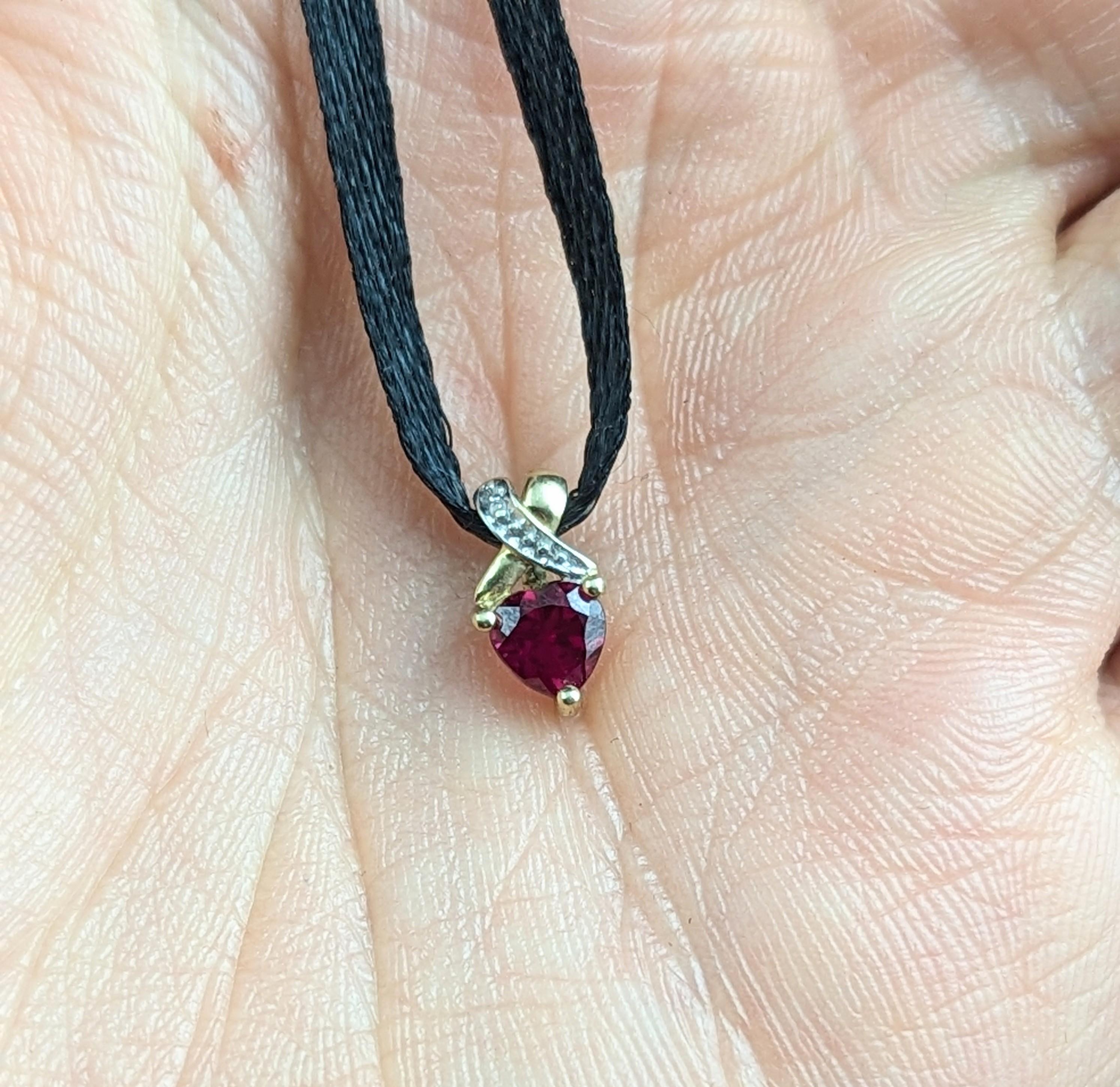 Women's Tiny Vintage Synthetic Ruby and diamond heart pendant, 9k gold  For Sale