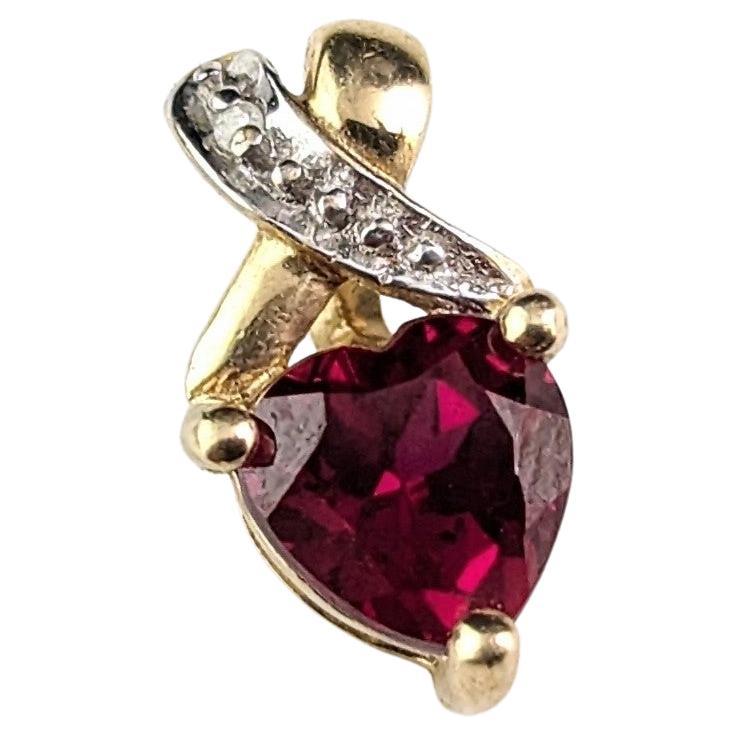 Tiny Vintage Synthetic Ruby and diamond heart pendant, 9k gold 