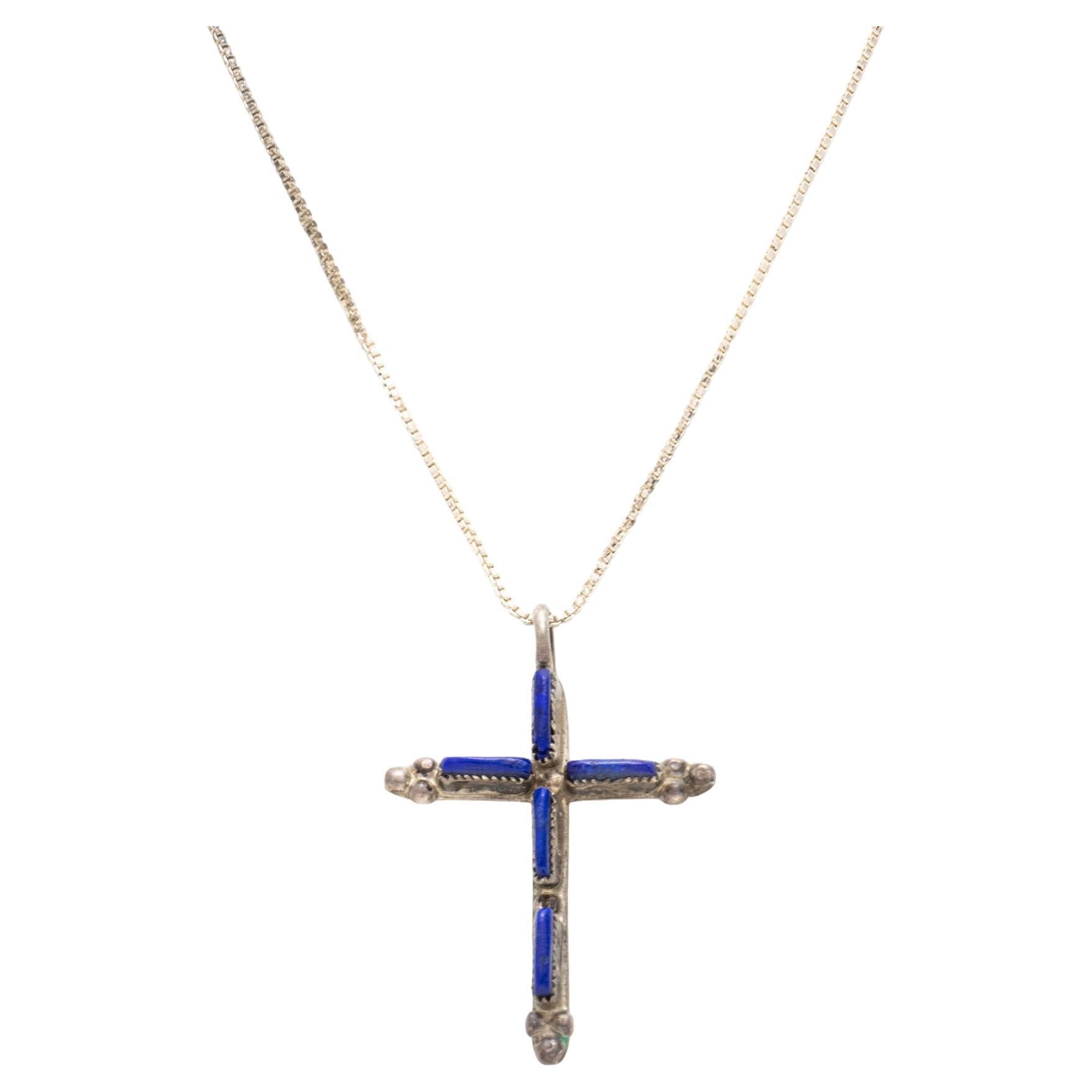 Tiny Zuni Sterling Silver and Lapis Cross For Sale