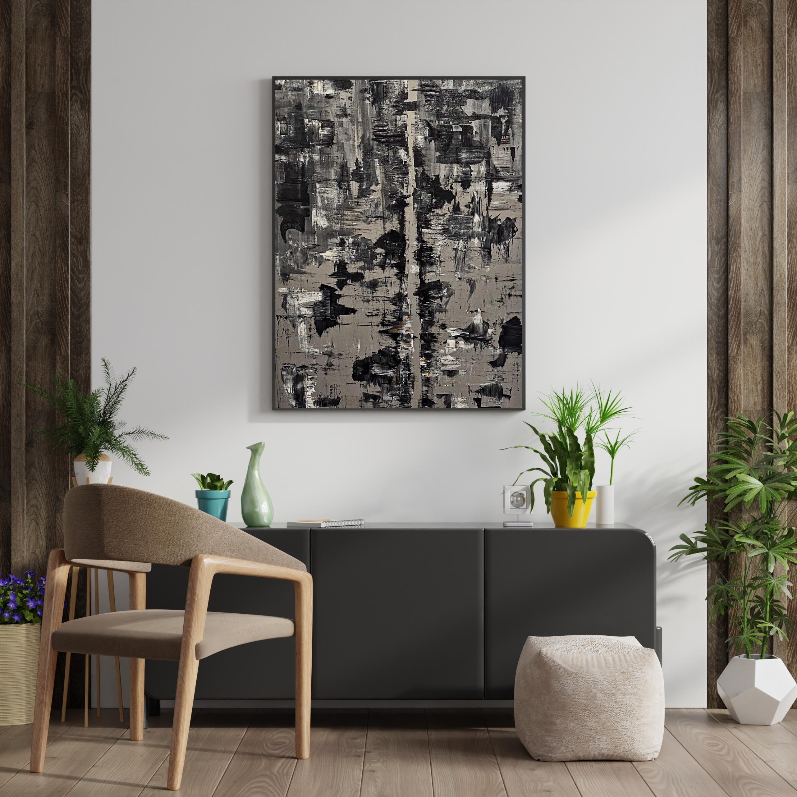 Cette œuvre d'art expressionniste abstraite originale de 30 x 40 pouces est une pièce monochrome texturée et stratifiée, créée à l'aide de la technique caractéristique de l'artiste. Ses effets visuels spontanés invitent les spectateurs à s'engager