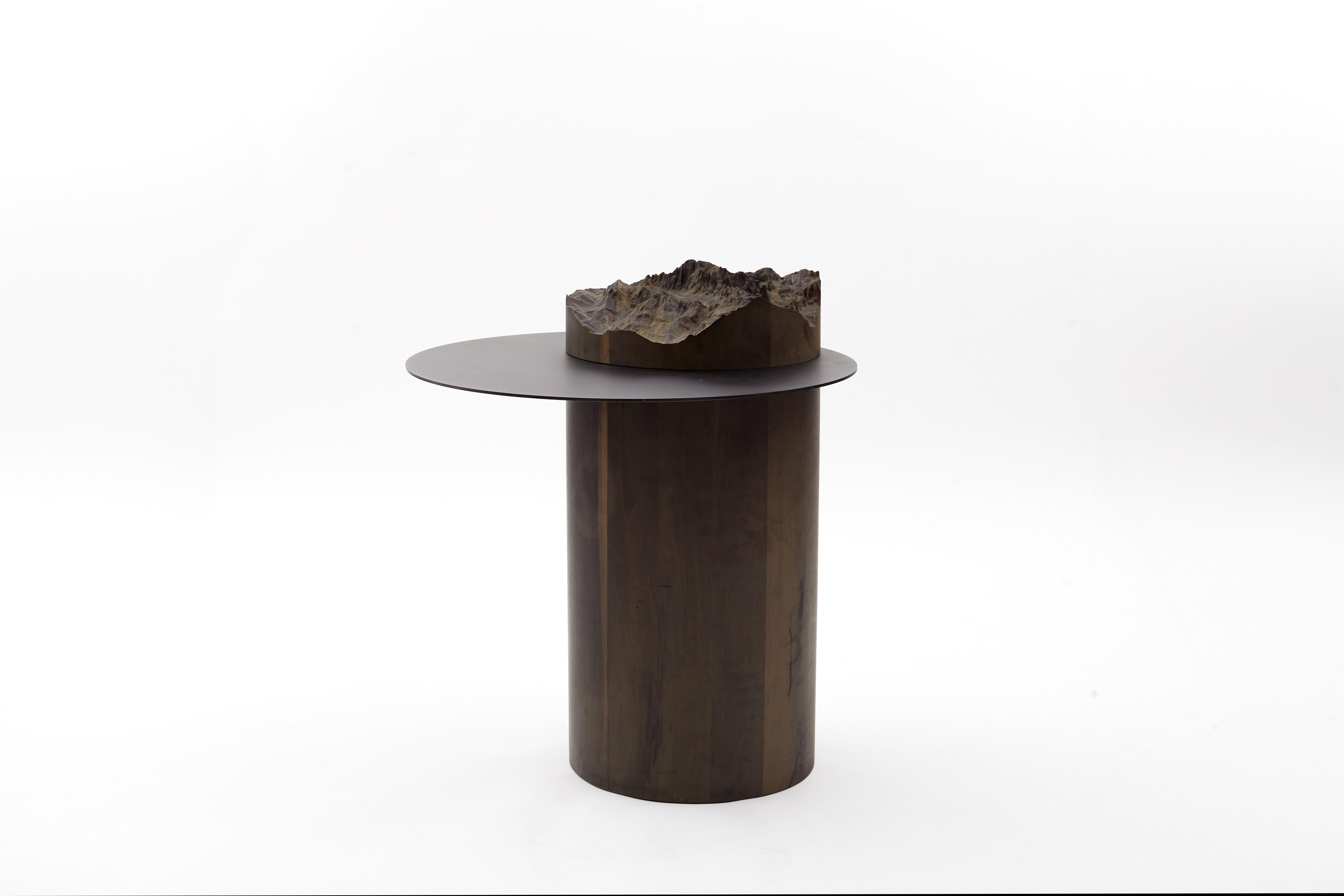 Tip Burnt Black Oak, Brushed Black Chrome Coffee Table by DOLOMITISCH
Dimensions:  D 60 x H 59 cm
Materials: Burnt Black Oak, Brushed Black Chrome. 

Peeping out from a curtain of clouds, mountain profiles rise from the metal tops. With peaks and
