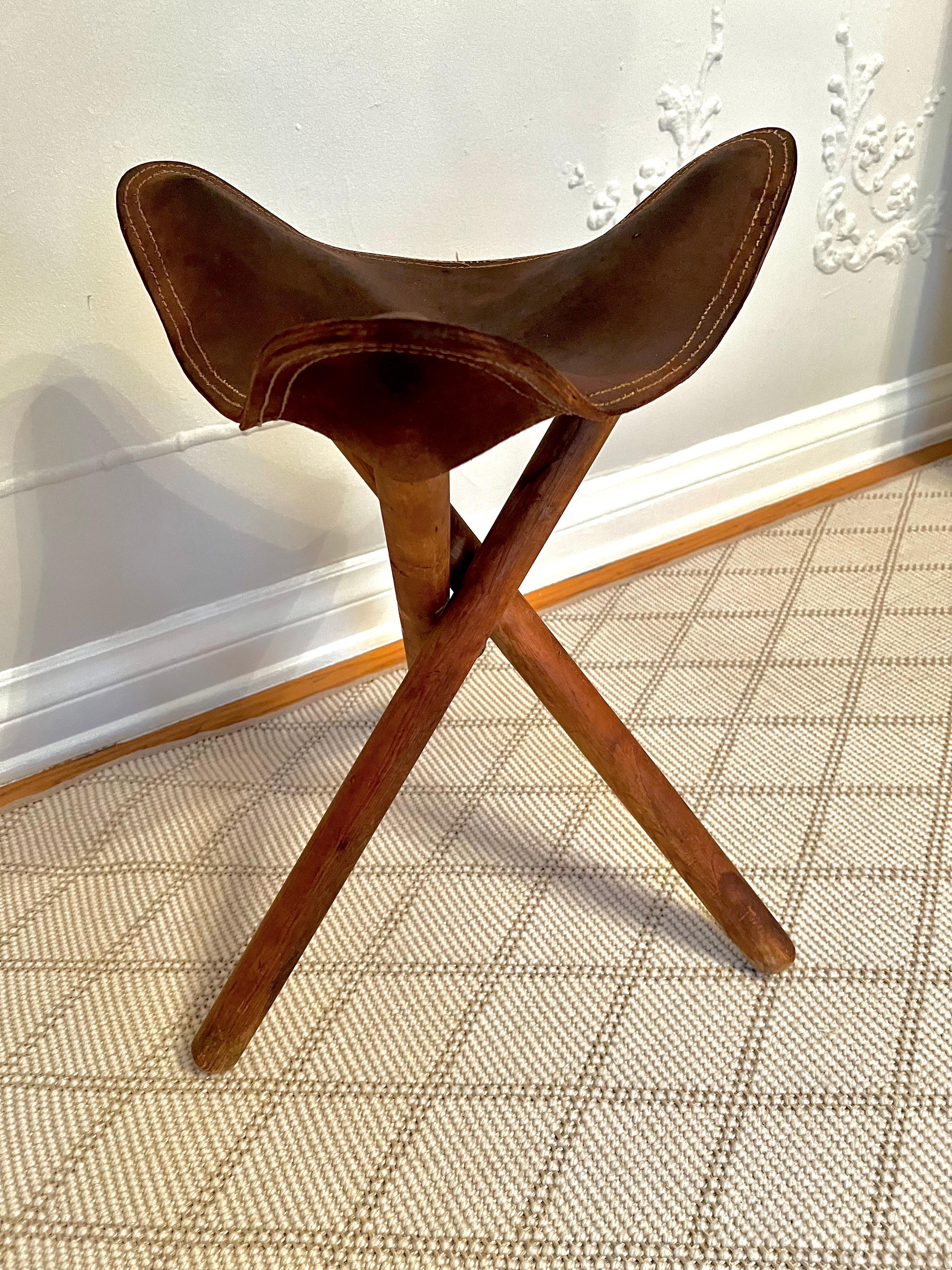 20th Century Tipod Leg Wooden Stool with Leather Seat